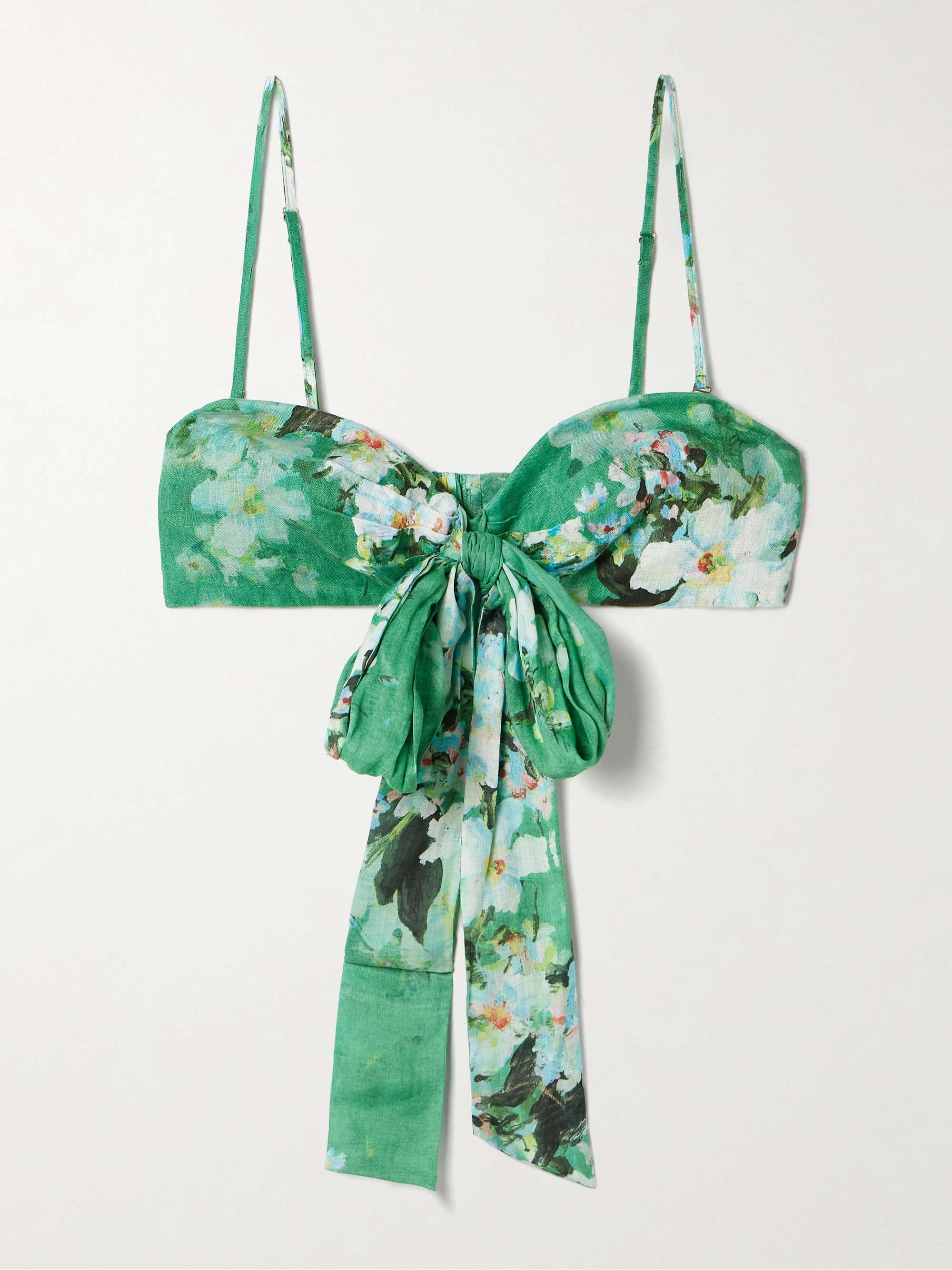 Everley cropped bow-detailed pleated floral-print ramie top view