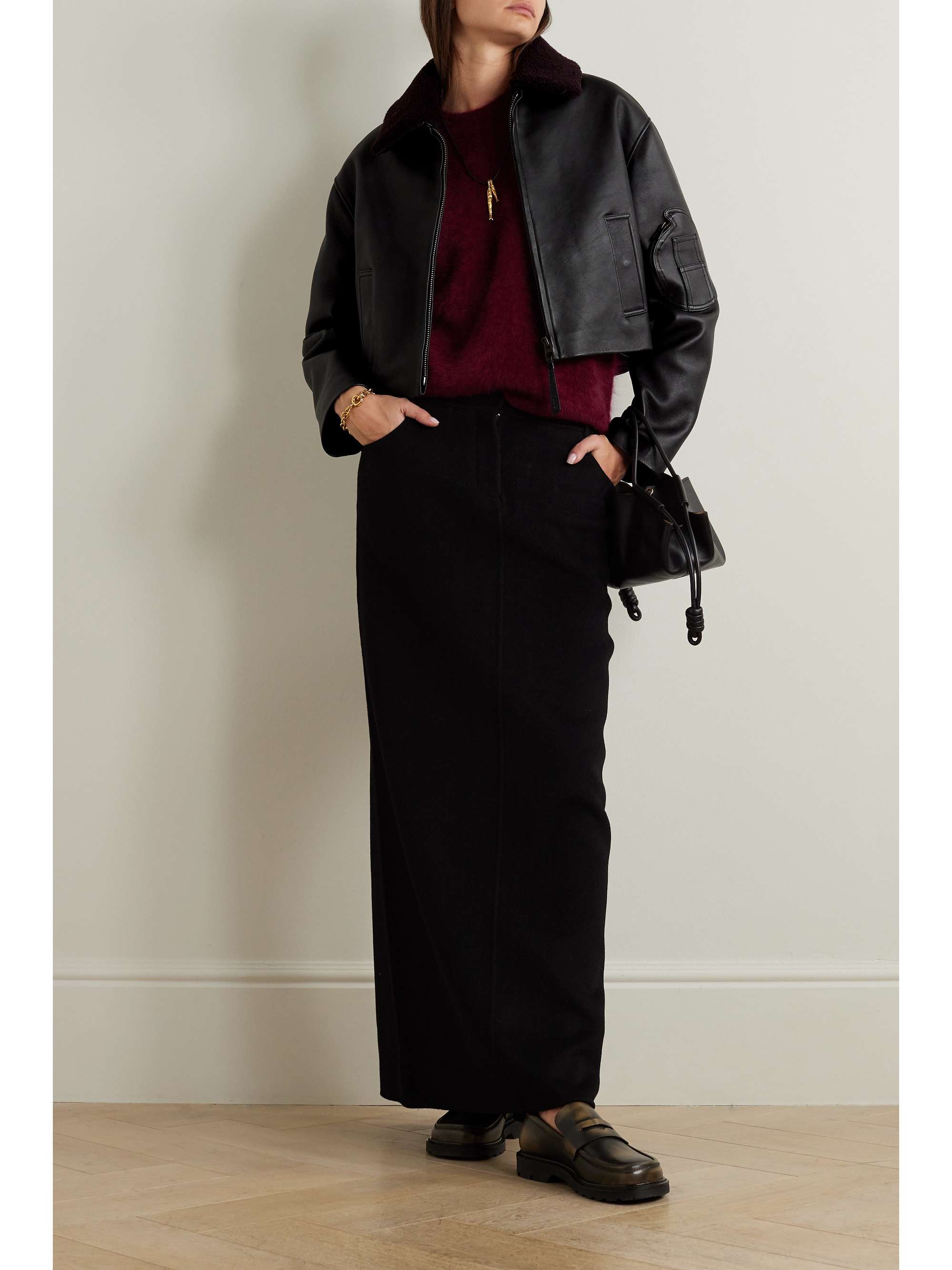 Cropped shearling-trimmed leather jacket view