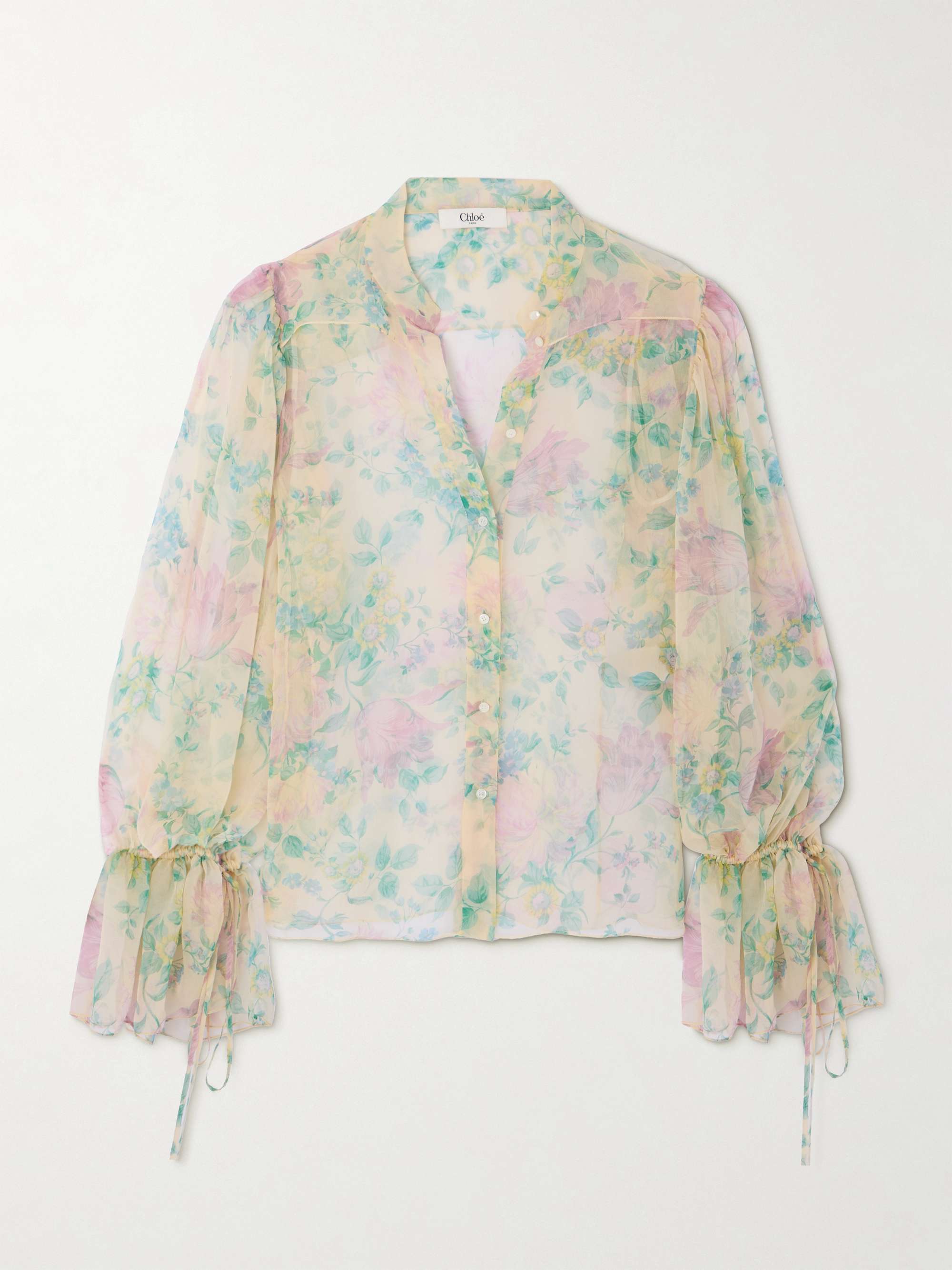 Ruffled floral-print silk-chiffon shirt view