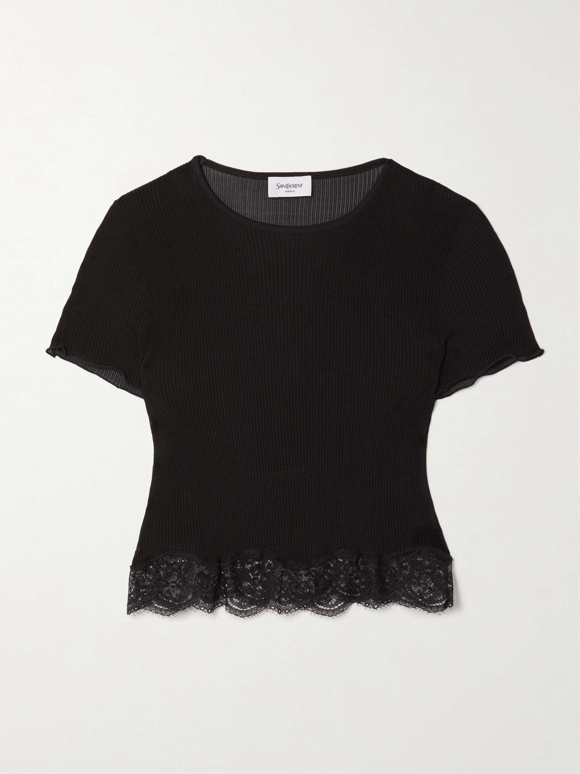 Cropped lace-trimmed ribbed silk top view