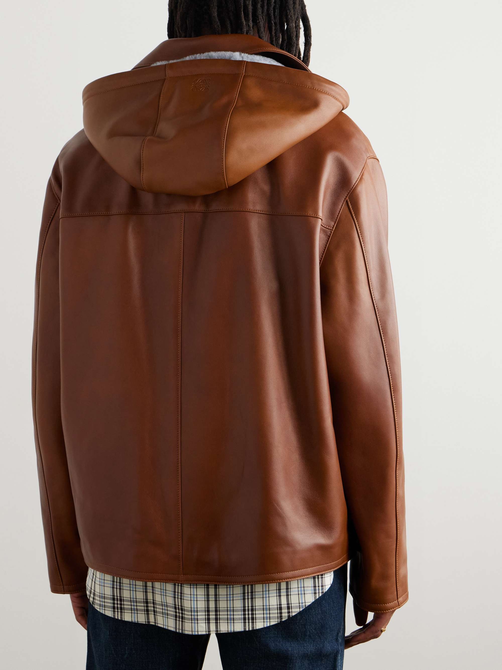 Shearling-Trimmed Leather Hooded Jacket view