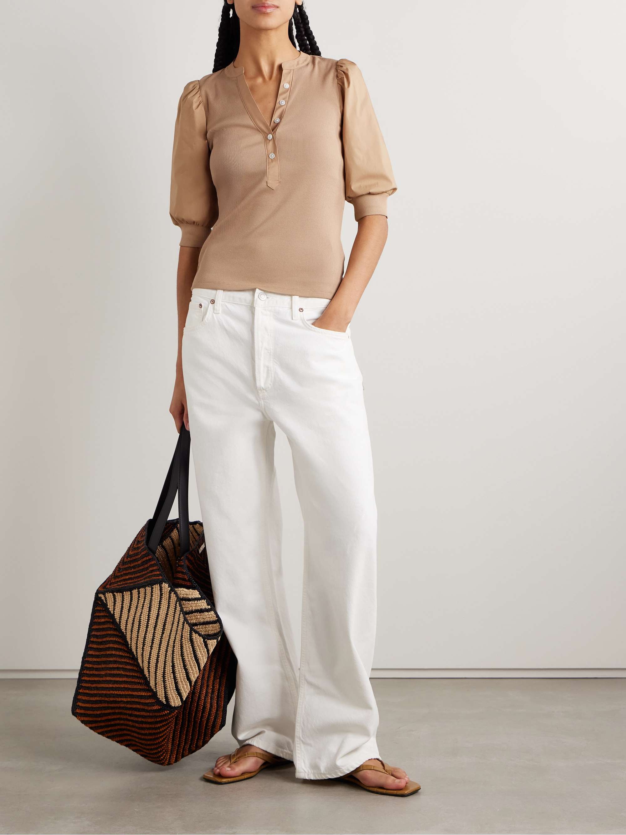 Coralee ribbed Pima cotton-blend jersey and poplin top view