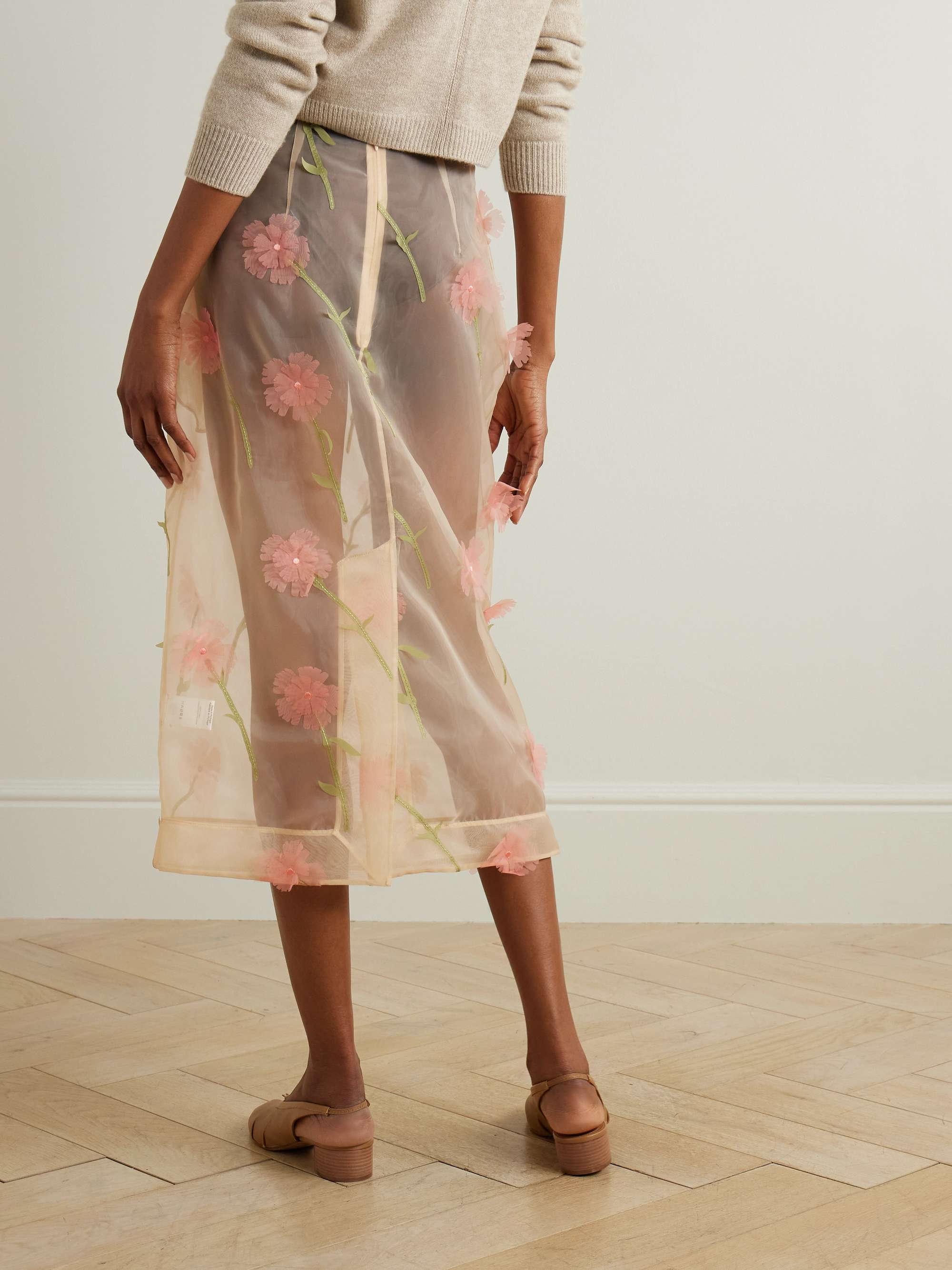 Embroidered appliquéd organza midi skirt view