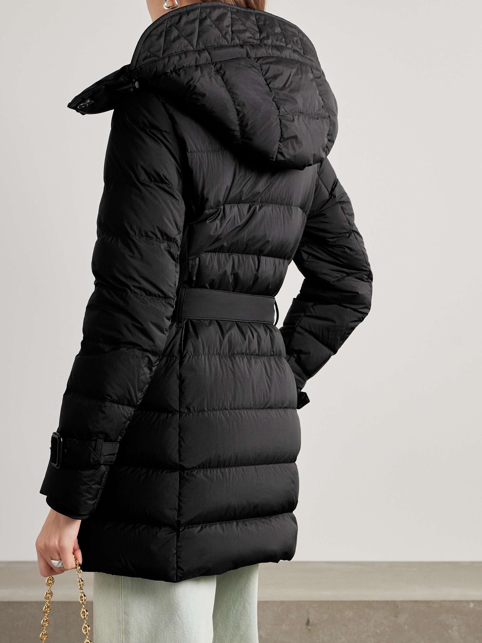 Hooded belted double-breasted quilted shell down coat view