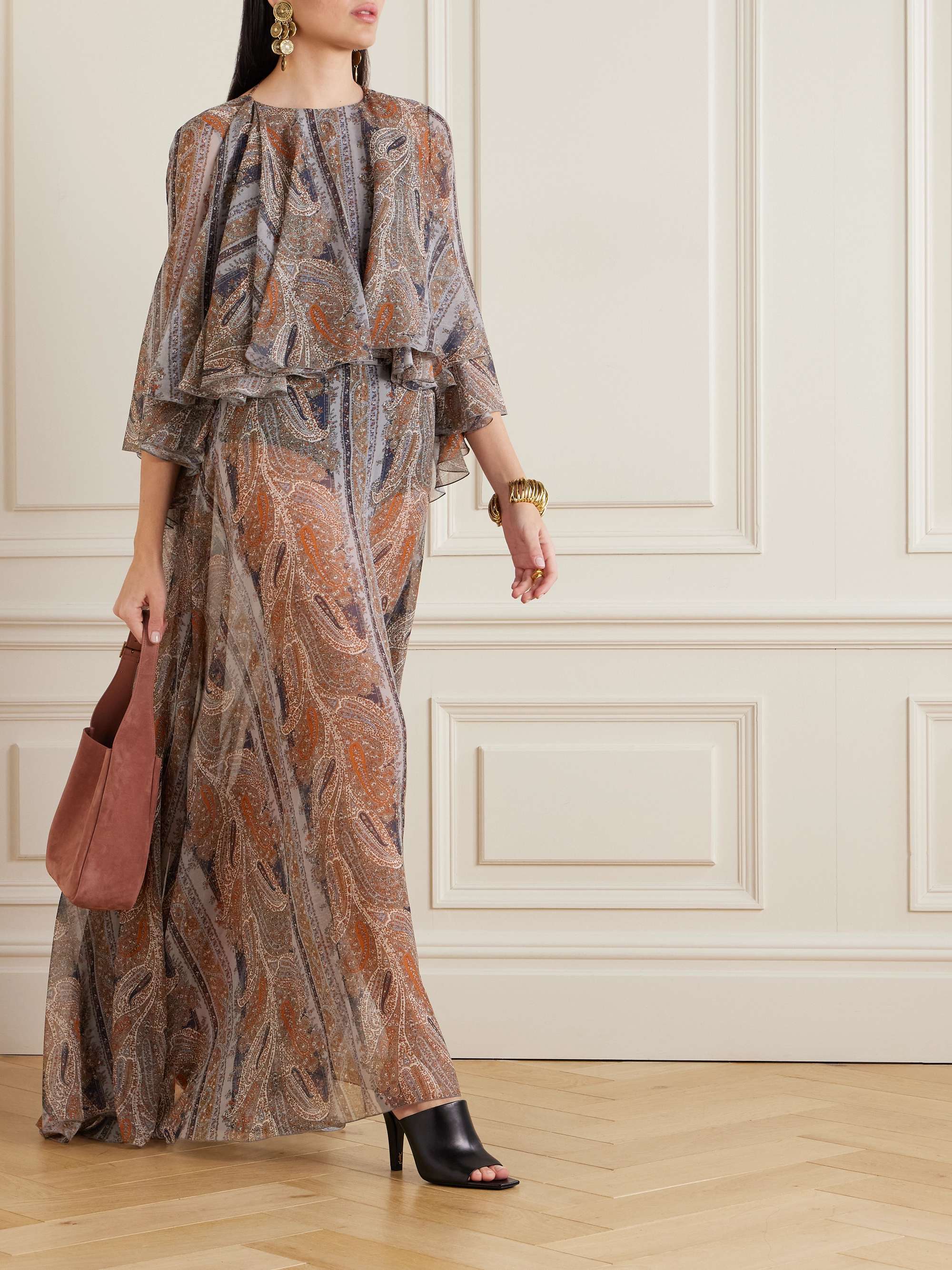 Open-back cape-effect paisley-print silk-georgette maxi dress view