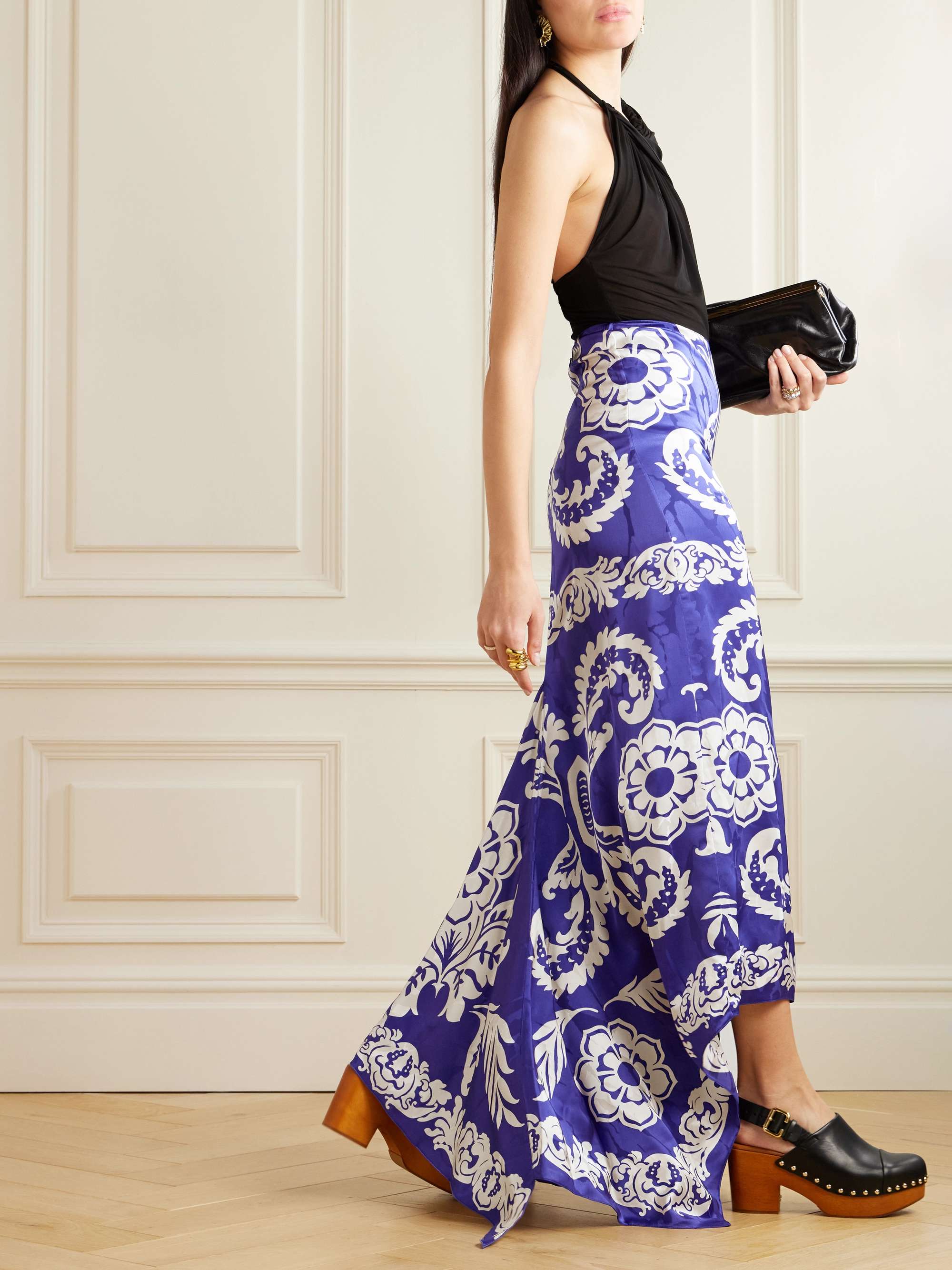 Asymmetric printed satin maxi skirt view