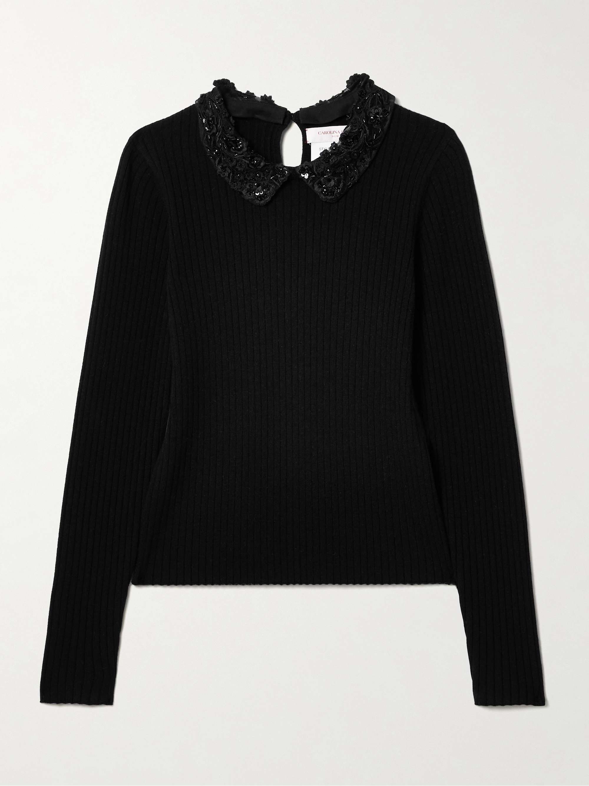 Convertible embellished crochet-trimmed ribbed wool sweater view