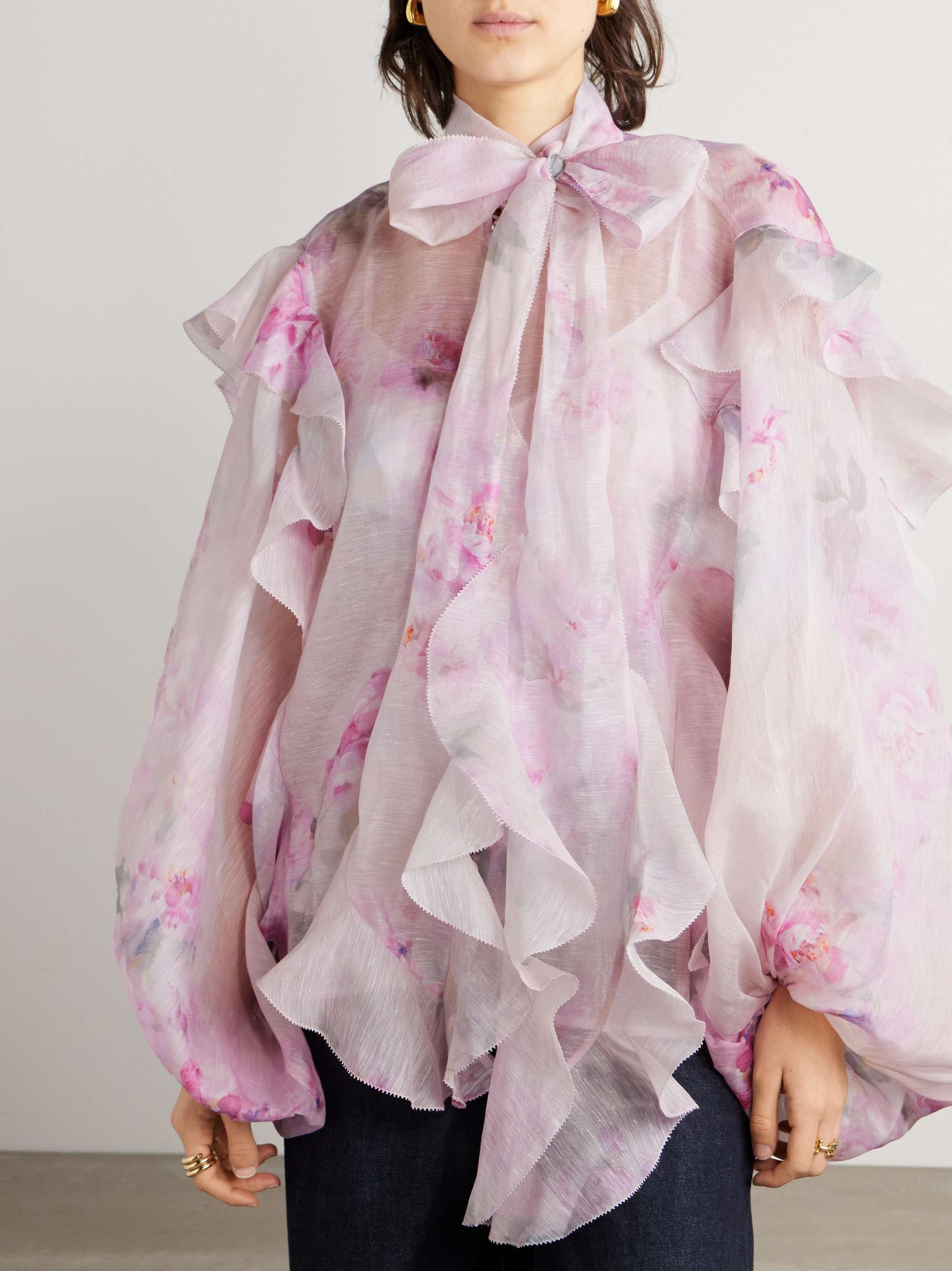 Crush tie-neck ruffled floral-print linen and silk-blend organza blouse view