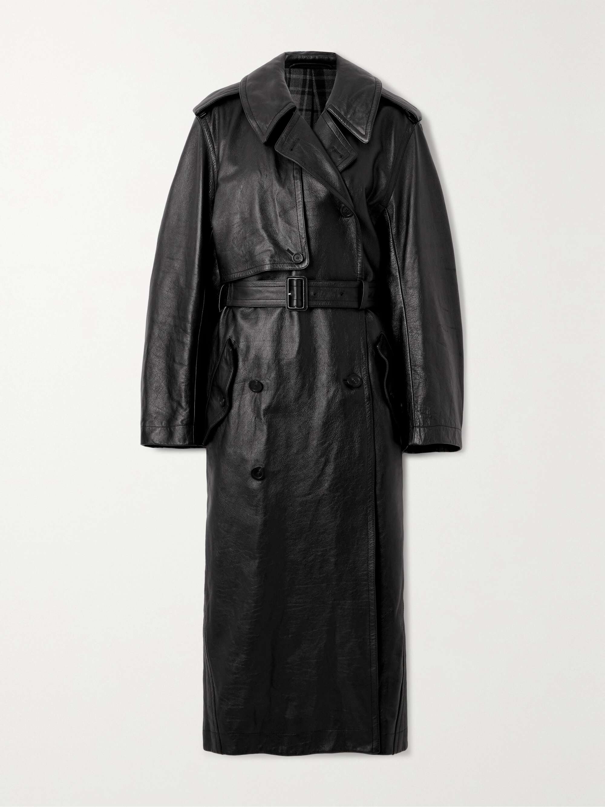 Cocoon double-breasted belted leather trench view