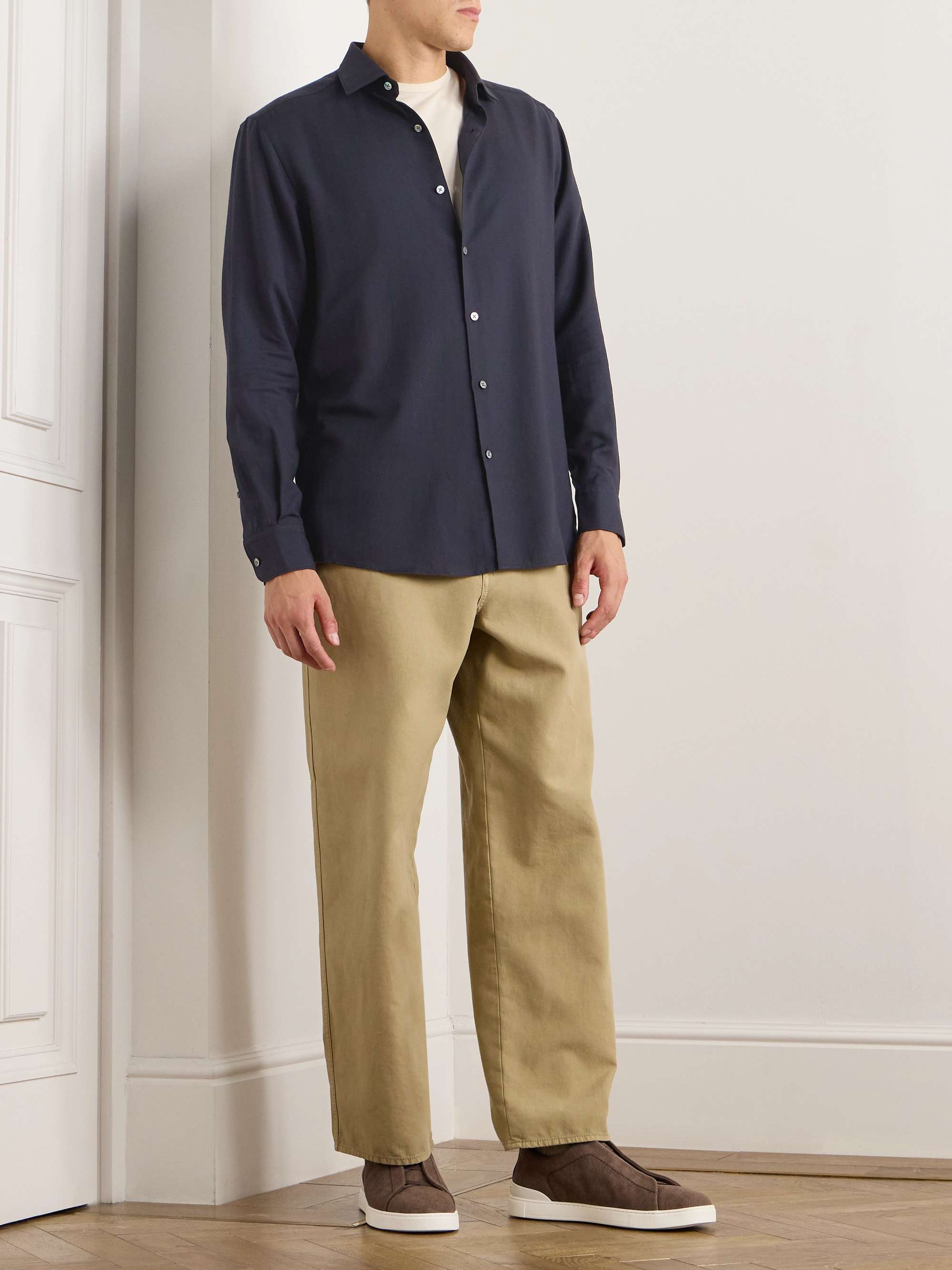 Cutaway-Collar Cotton and Cashmere-Blend Twill Shirt view