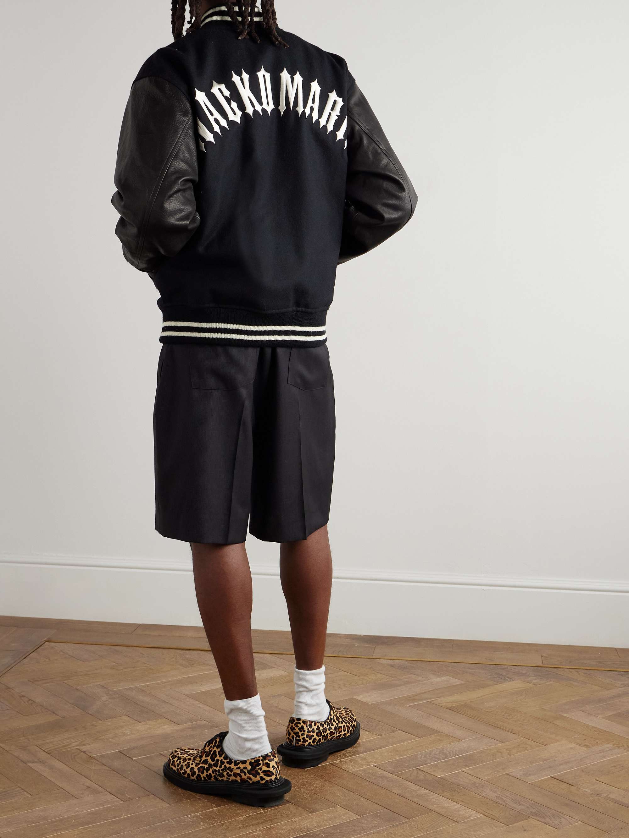 Leather-Panelled Striped Appliquéd Wool-Blend Varsity Jacket view