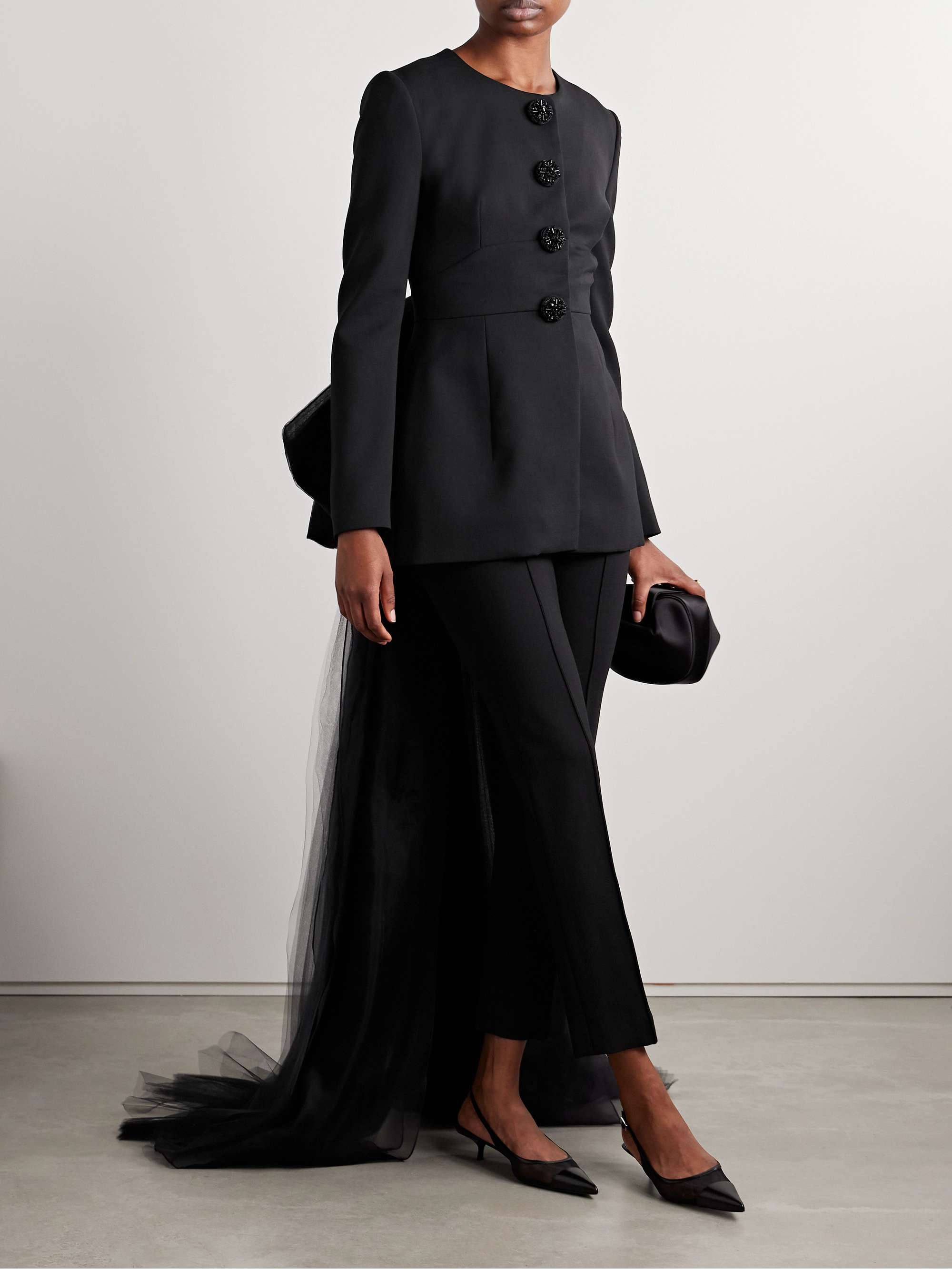 Cutout embellished tulle-trimmed wool-blend crepe jacket view