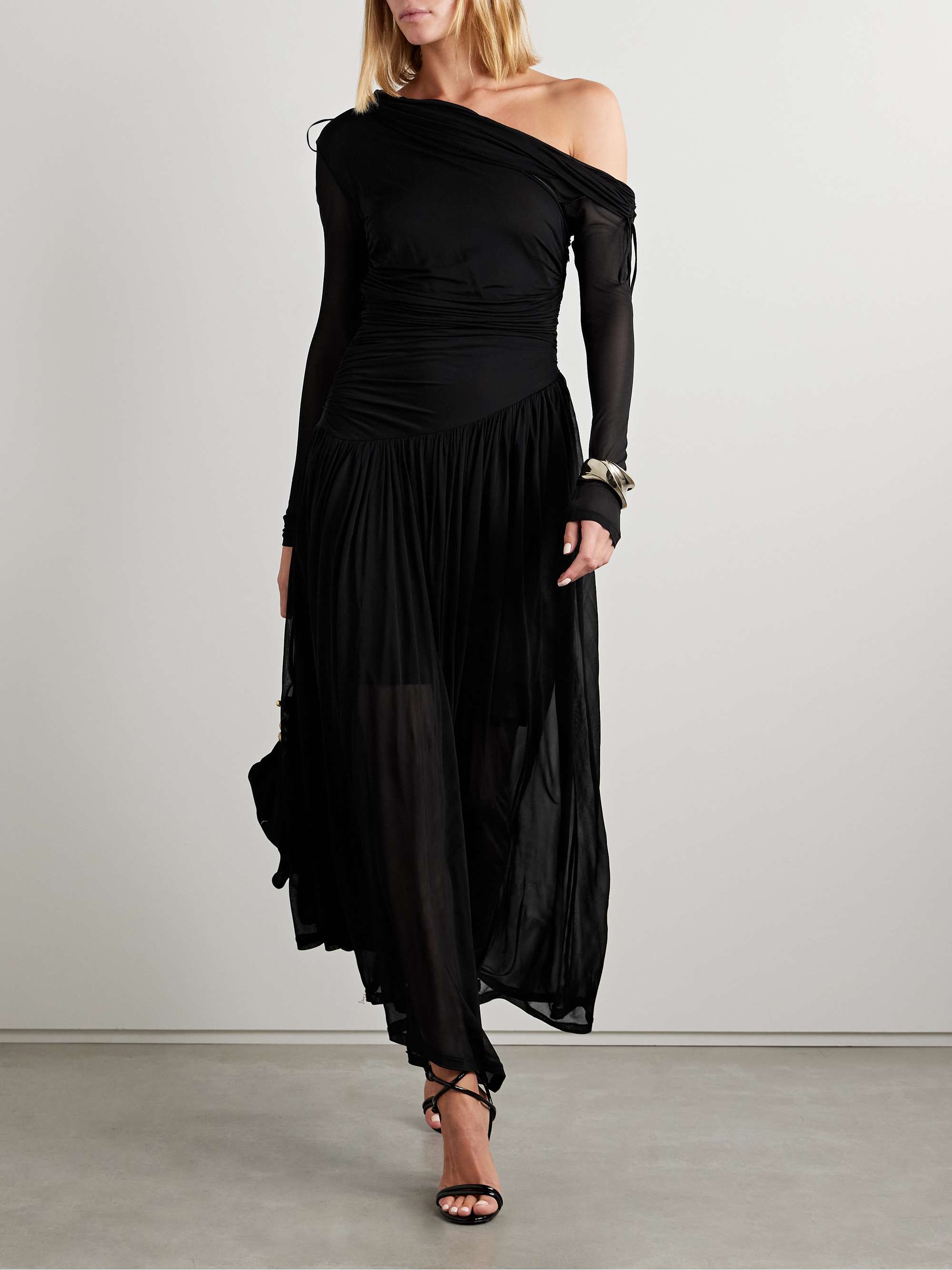 Crush off-the-shoulder tie-detailed gathered stretch-mesh maxi dress view