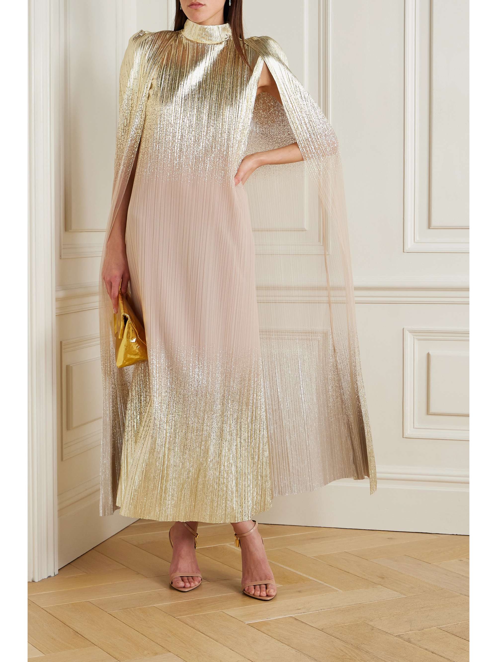 Metallic plissé-tulle gown and cape set view