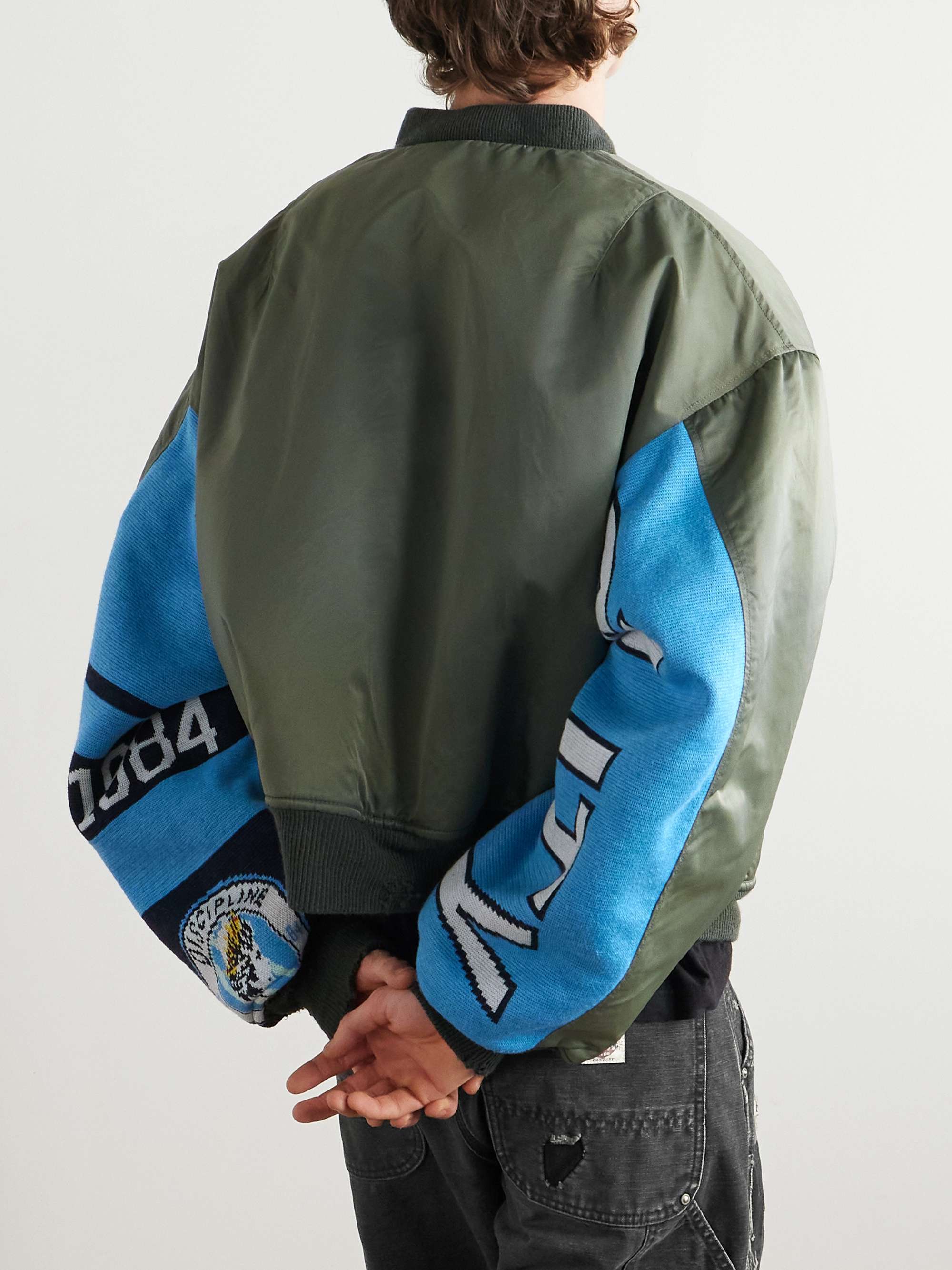 Distressed Padded Jacquard-Panelled Nylon Bomber Jacket view