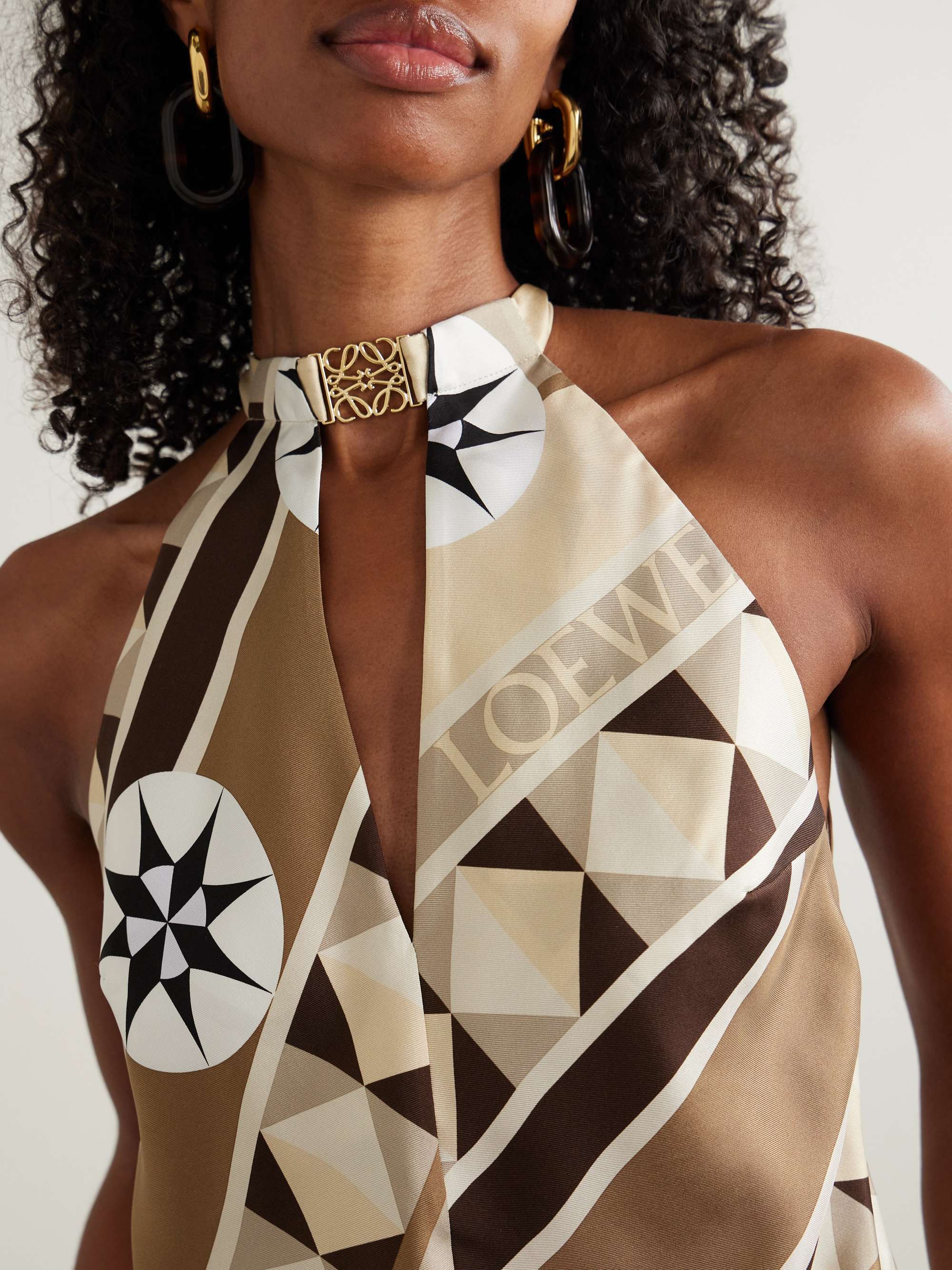 + Paula's Ibiza embellished cutout printed silk-twill halterneck top view