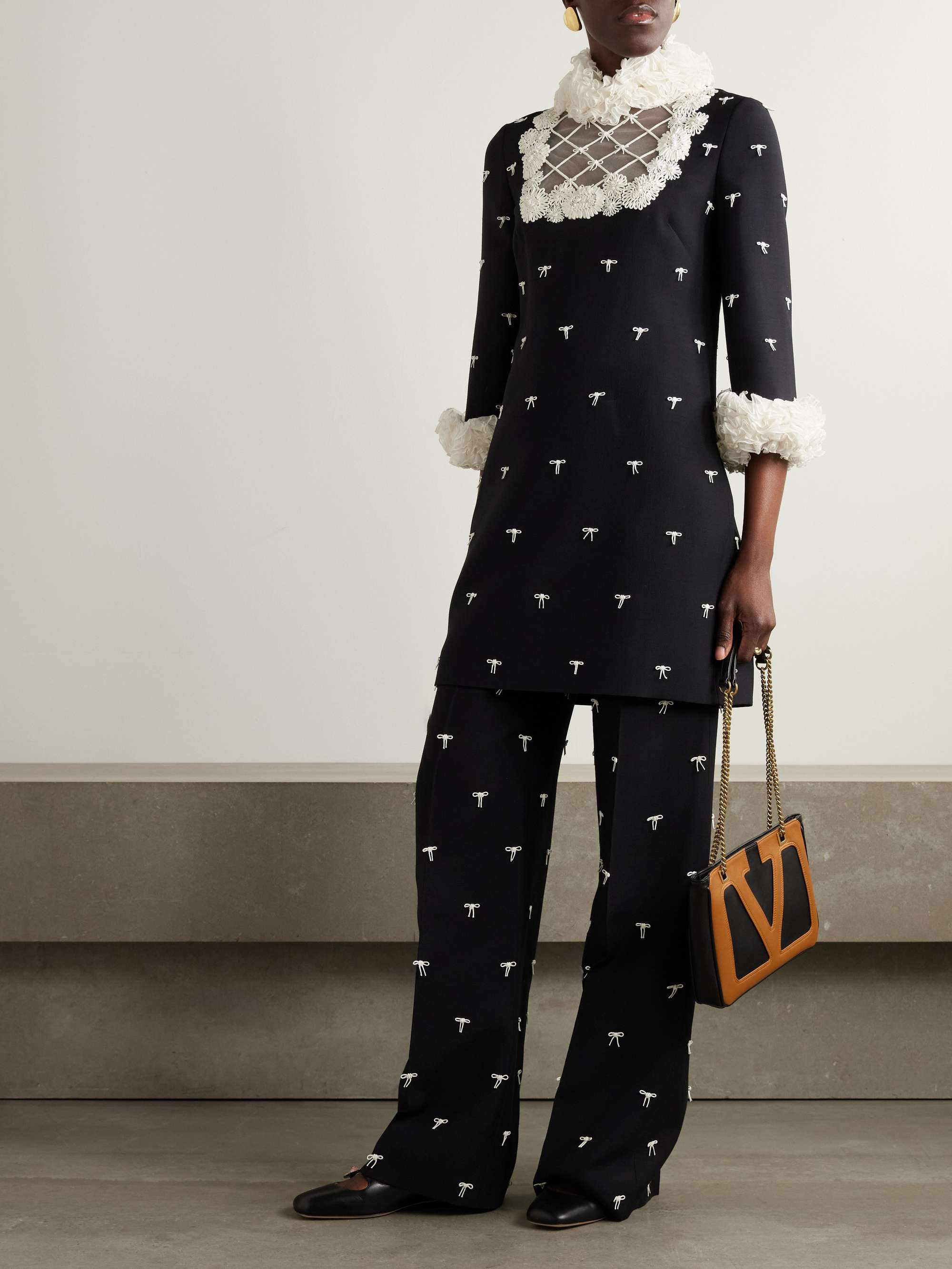 Bow-embellished wool and silk-blend twill wide-leg pants view