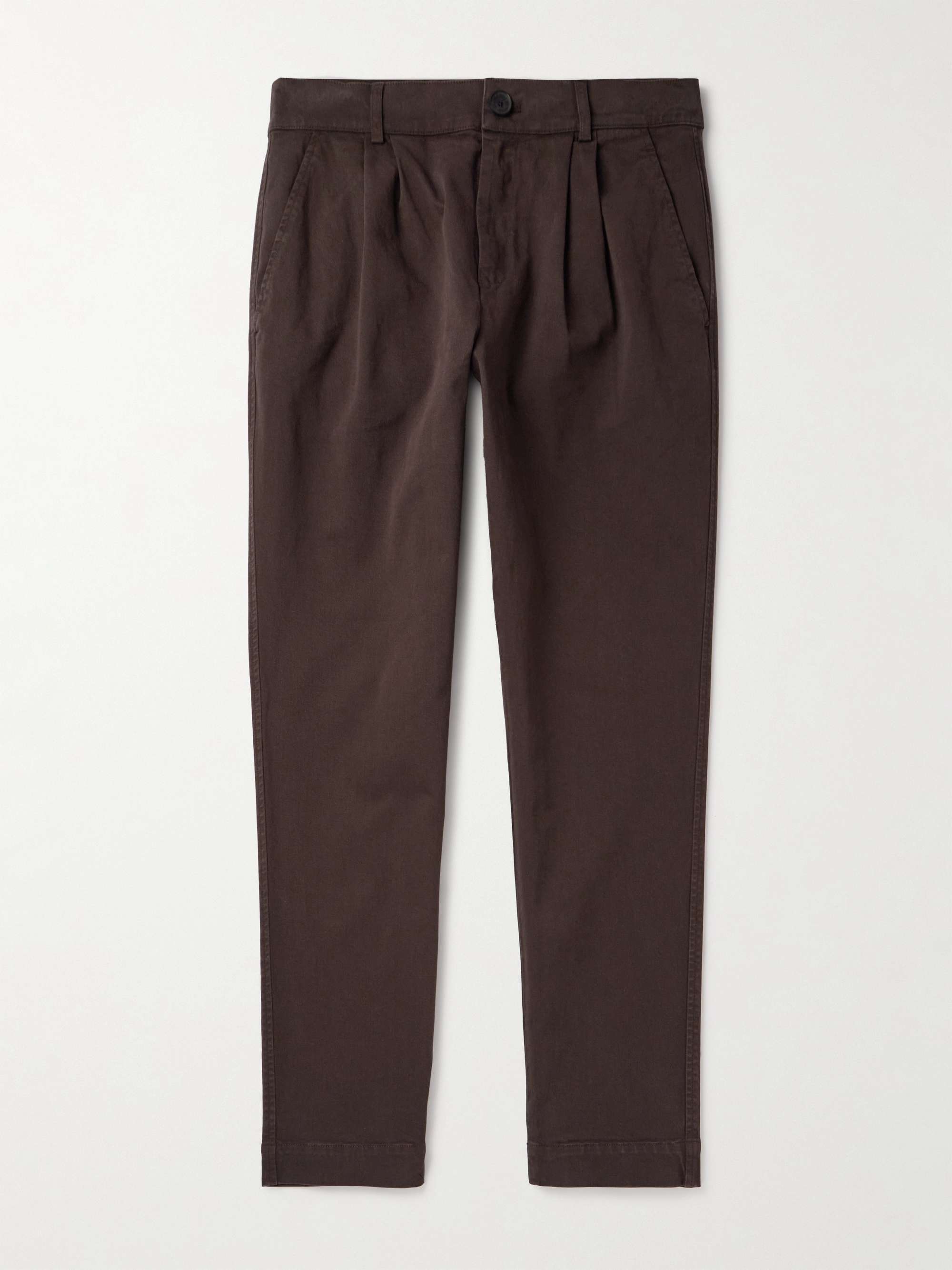 Tapered Pleated Garment-Dyed Cotton-Blend Twill Trousers view