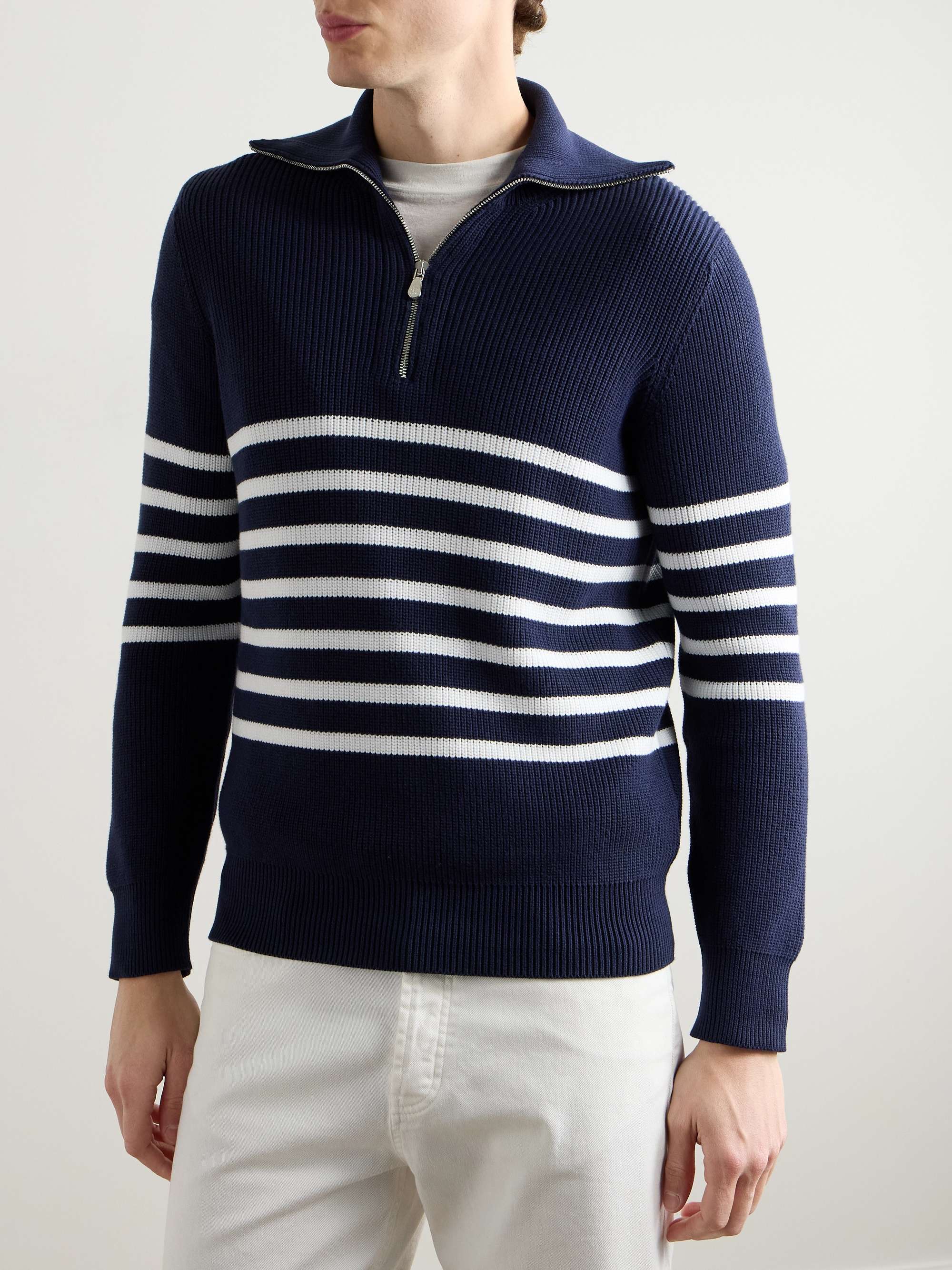 Striped Ribbed Cotton Half-Zip Sweater view