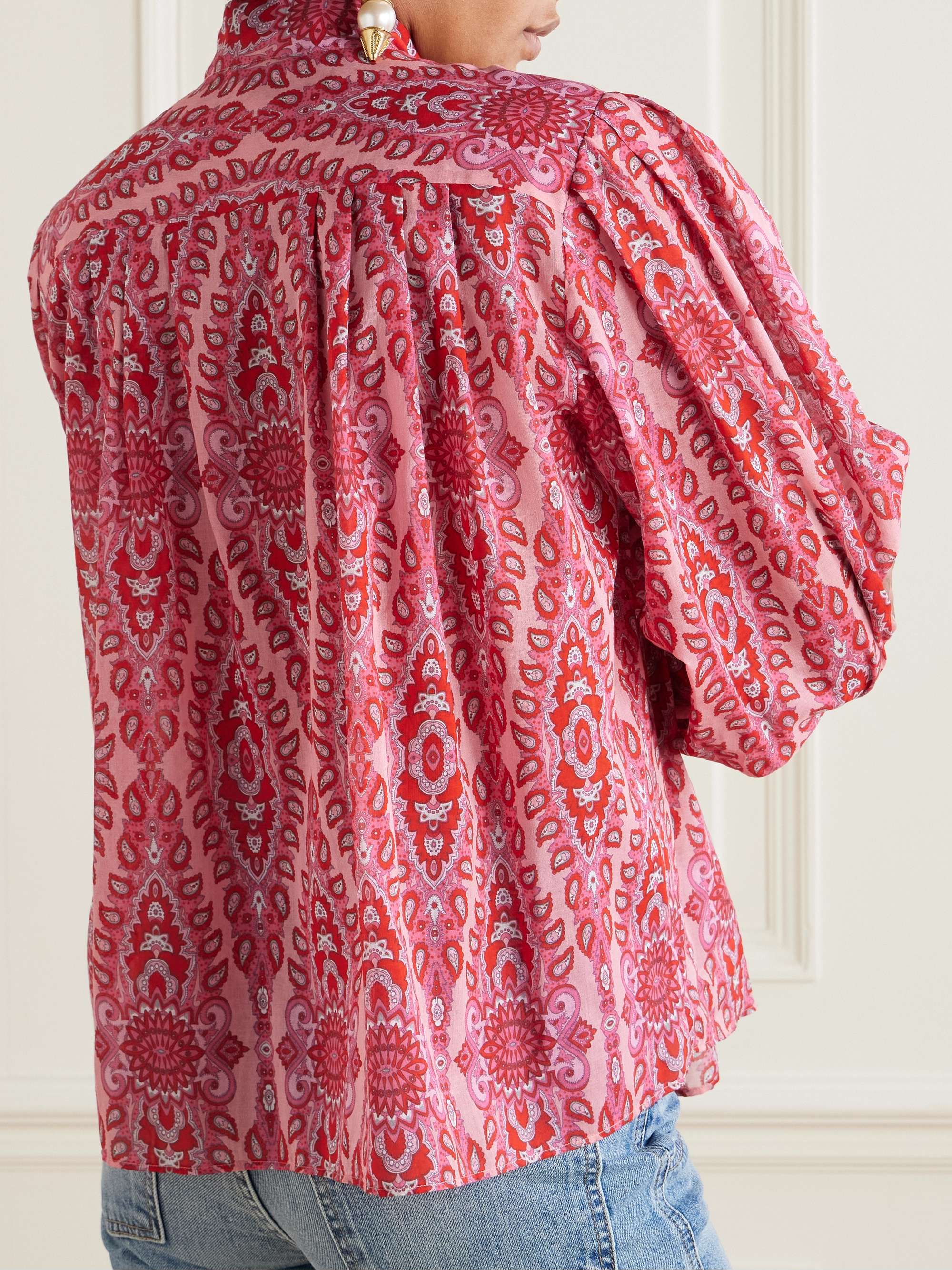 Pussy-bow pleated paisley-print cotton-poplin blouse view