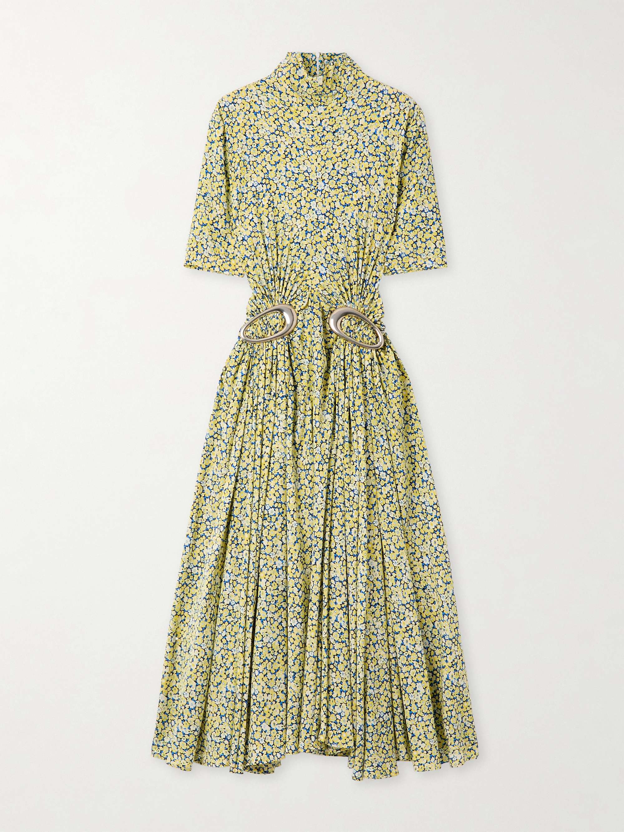 Embellished gathered pleated floral-print crepe turtleneck midi dress view