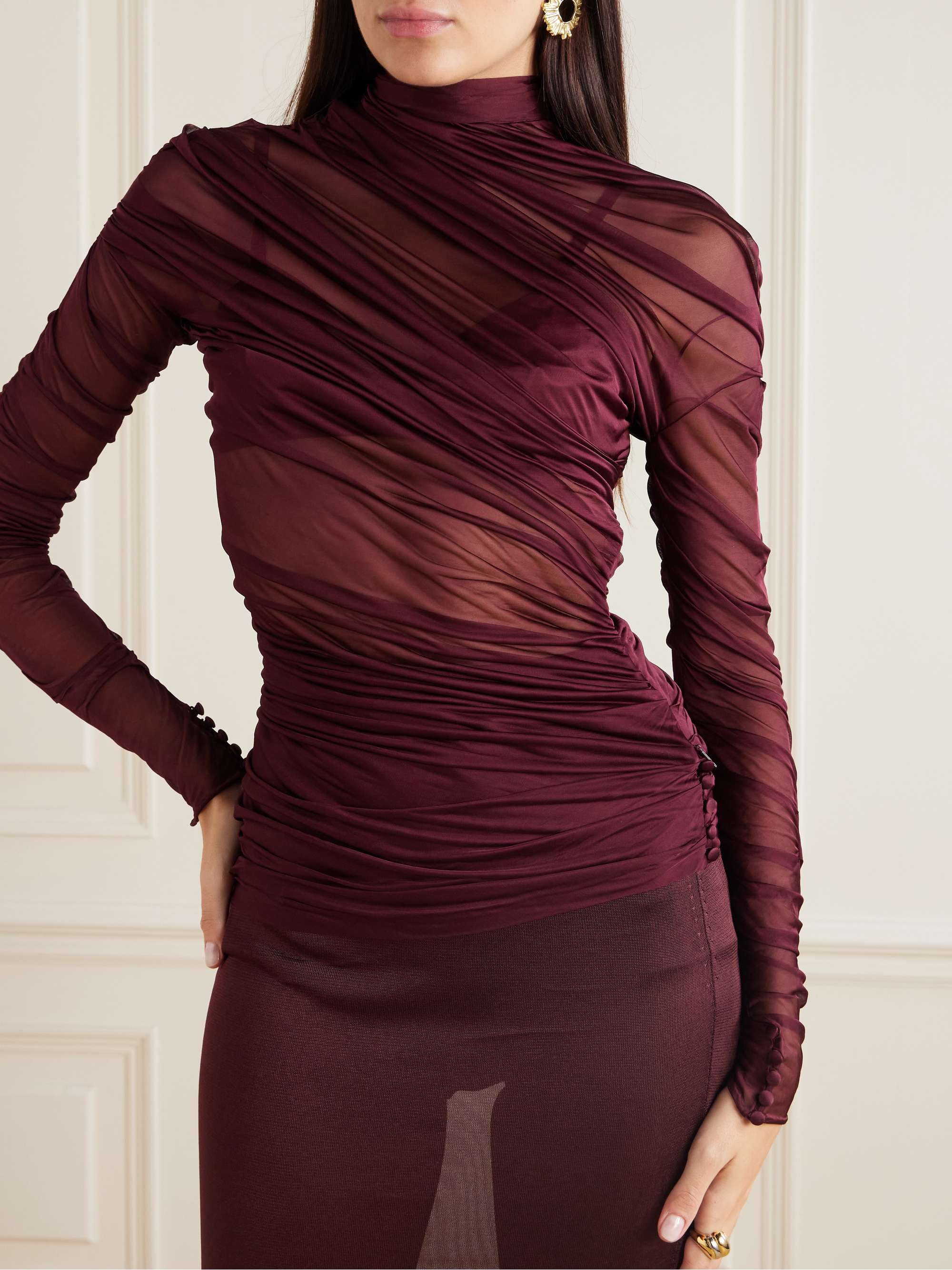 Draped ruched jersey turtleneck top view