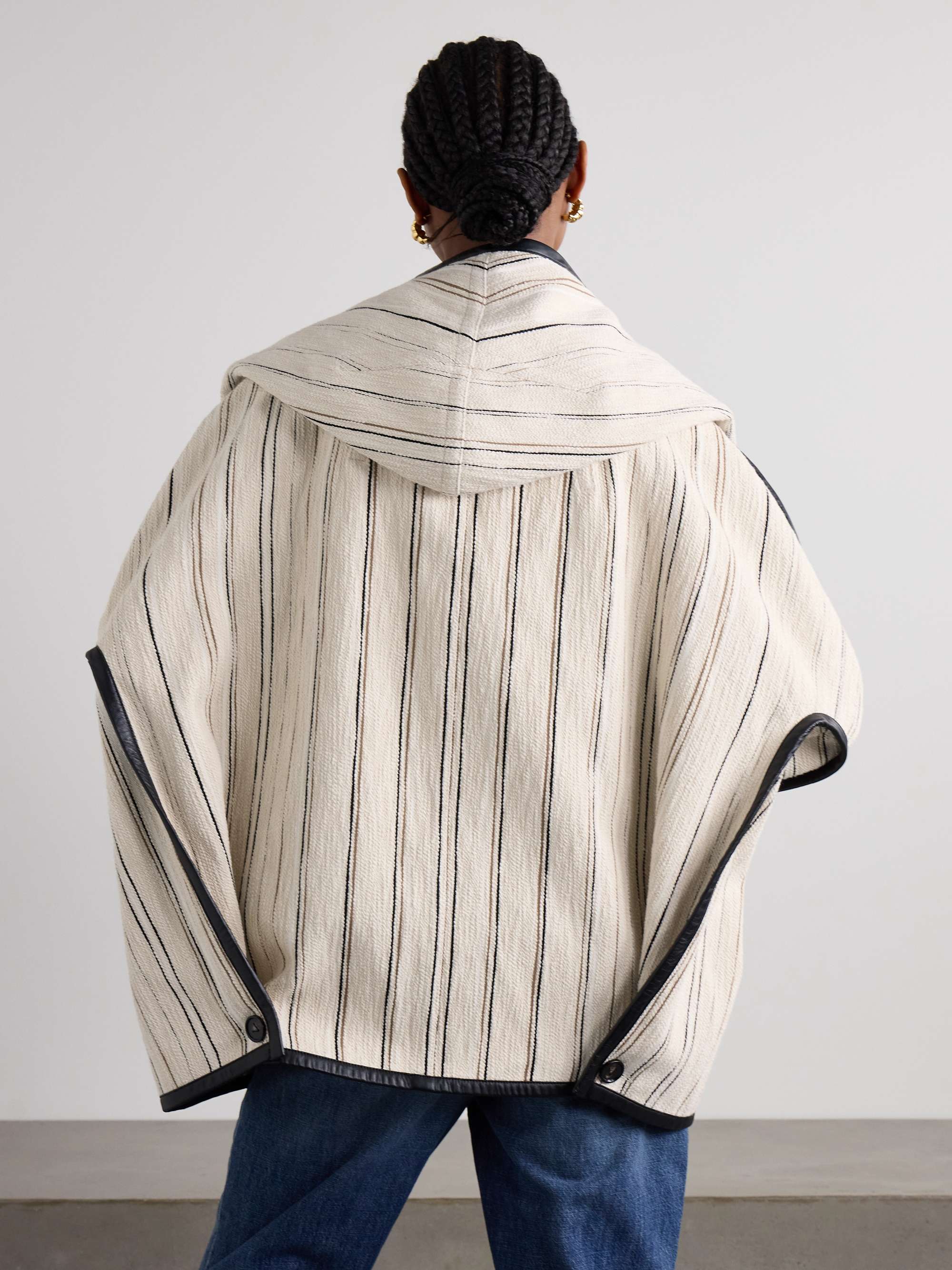 Oversized leather-trimmed striped cotton-blend bouclé coat view
