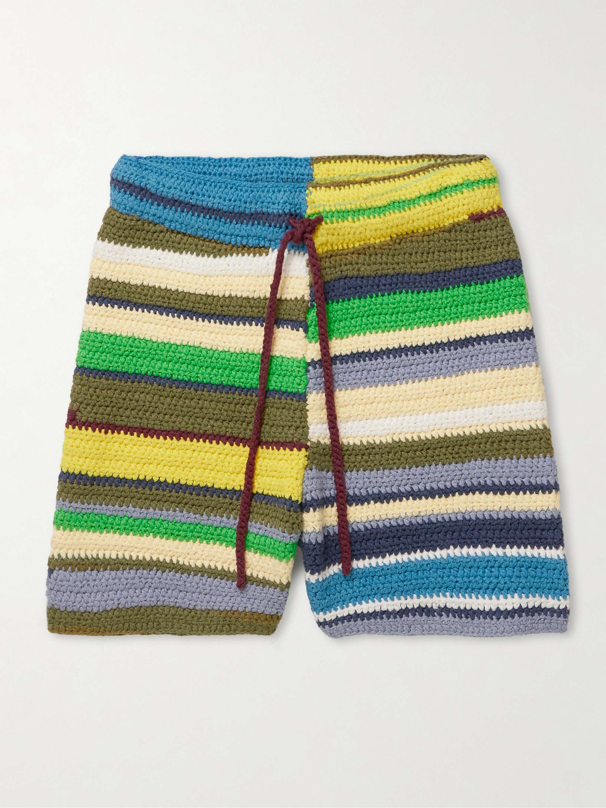 Straight-Leg Striped Crocheted Organic Cotton Drawstring Shorts view
