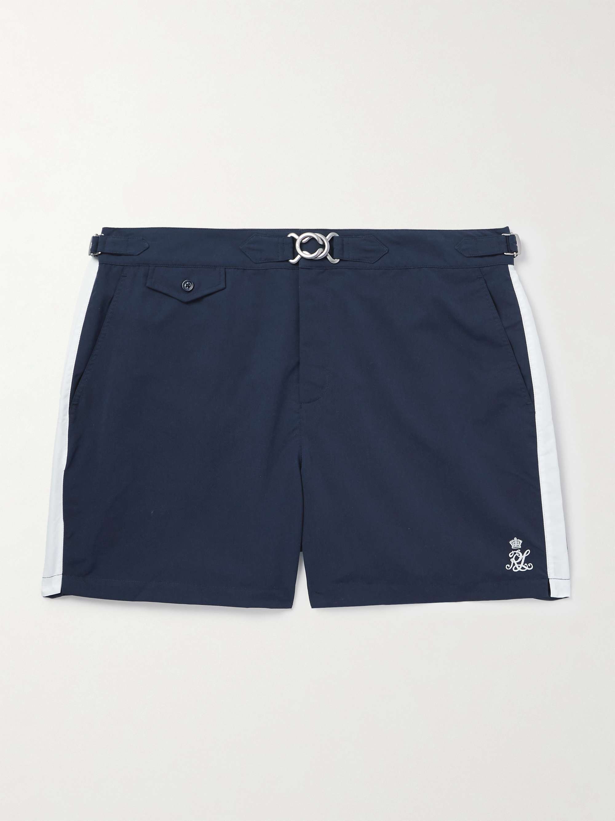 Straight-Leg Mid-Length Striped Swim Shorts view