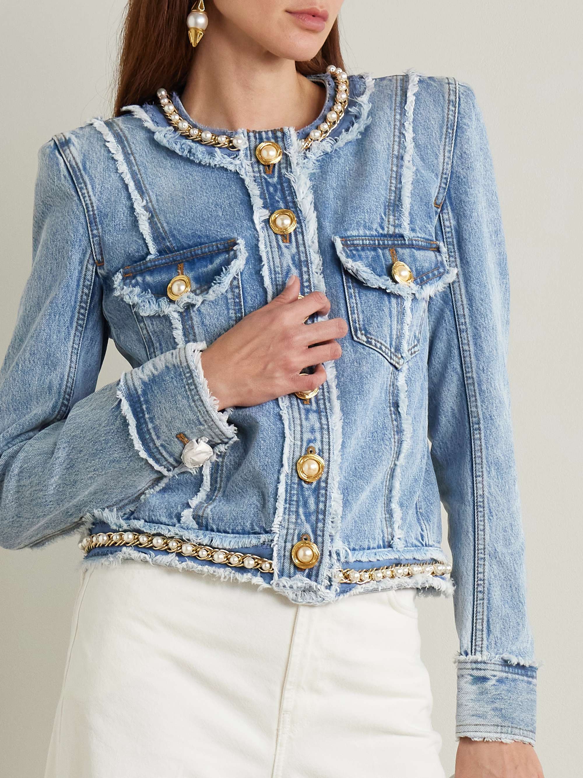 Faux pearl-embellished frayed denim jacket view