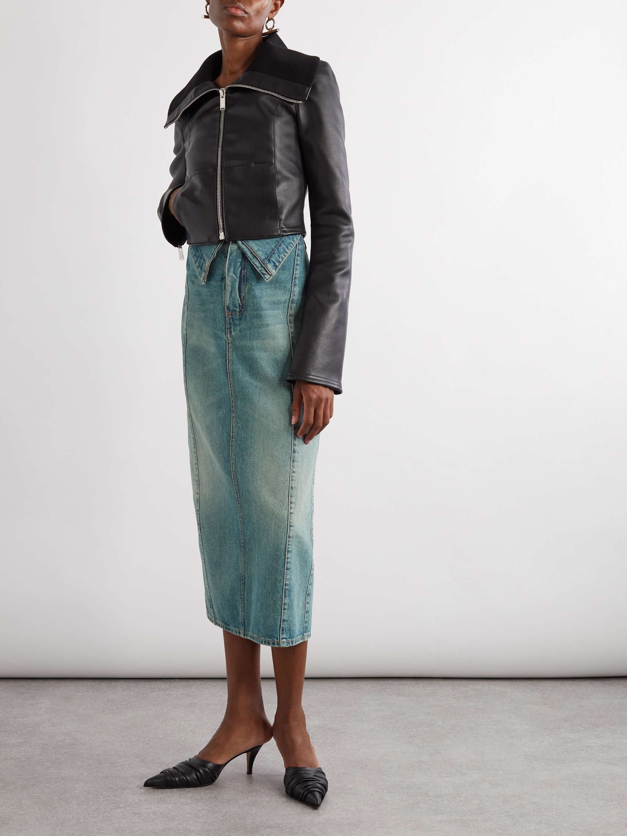 Paneled denim midi skirt view