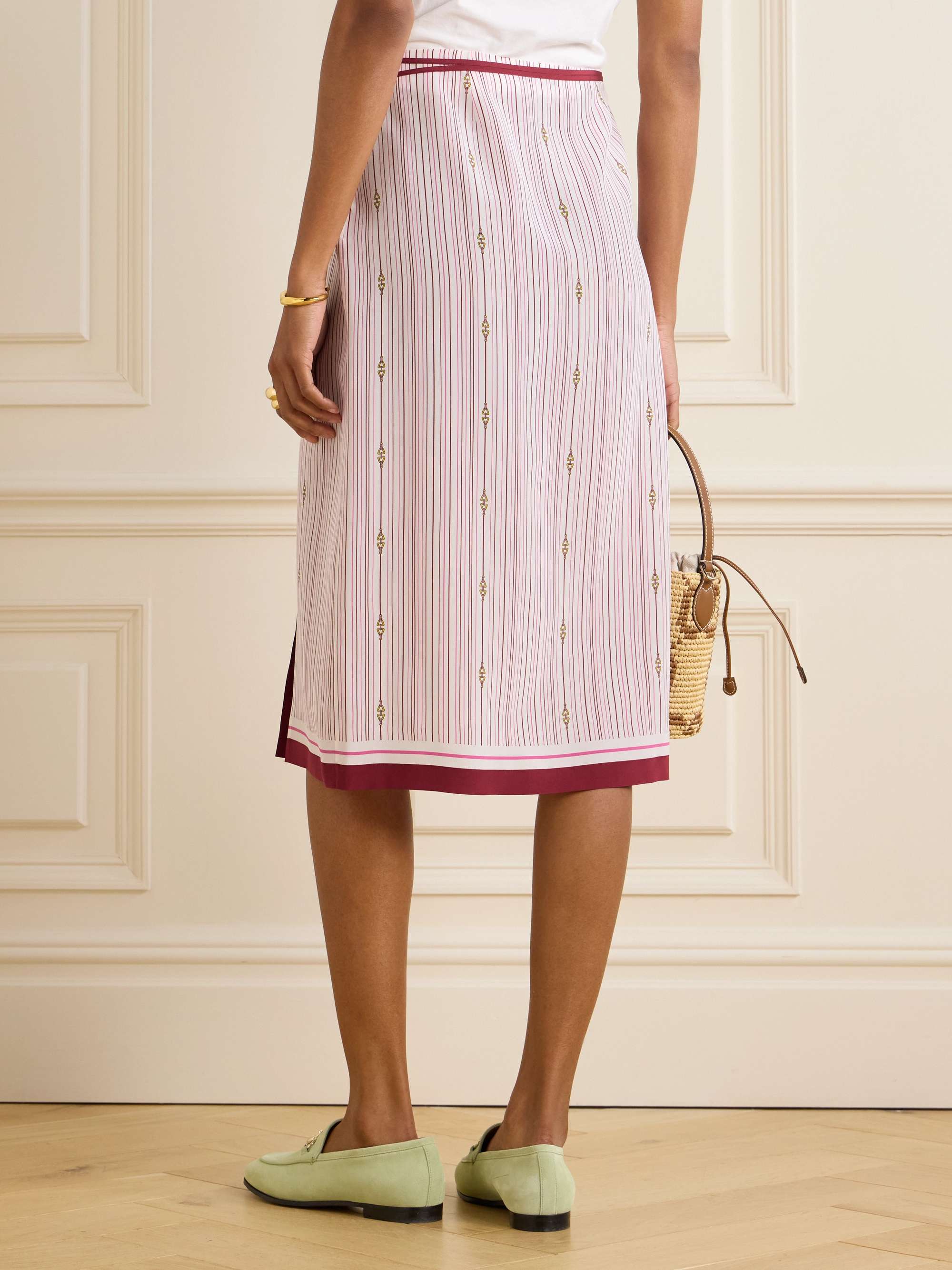 Printed striped wrap-effect silk midi skirt view