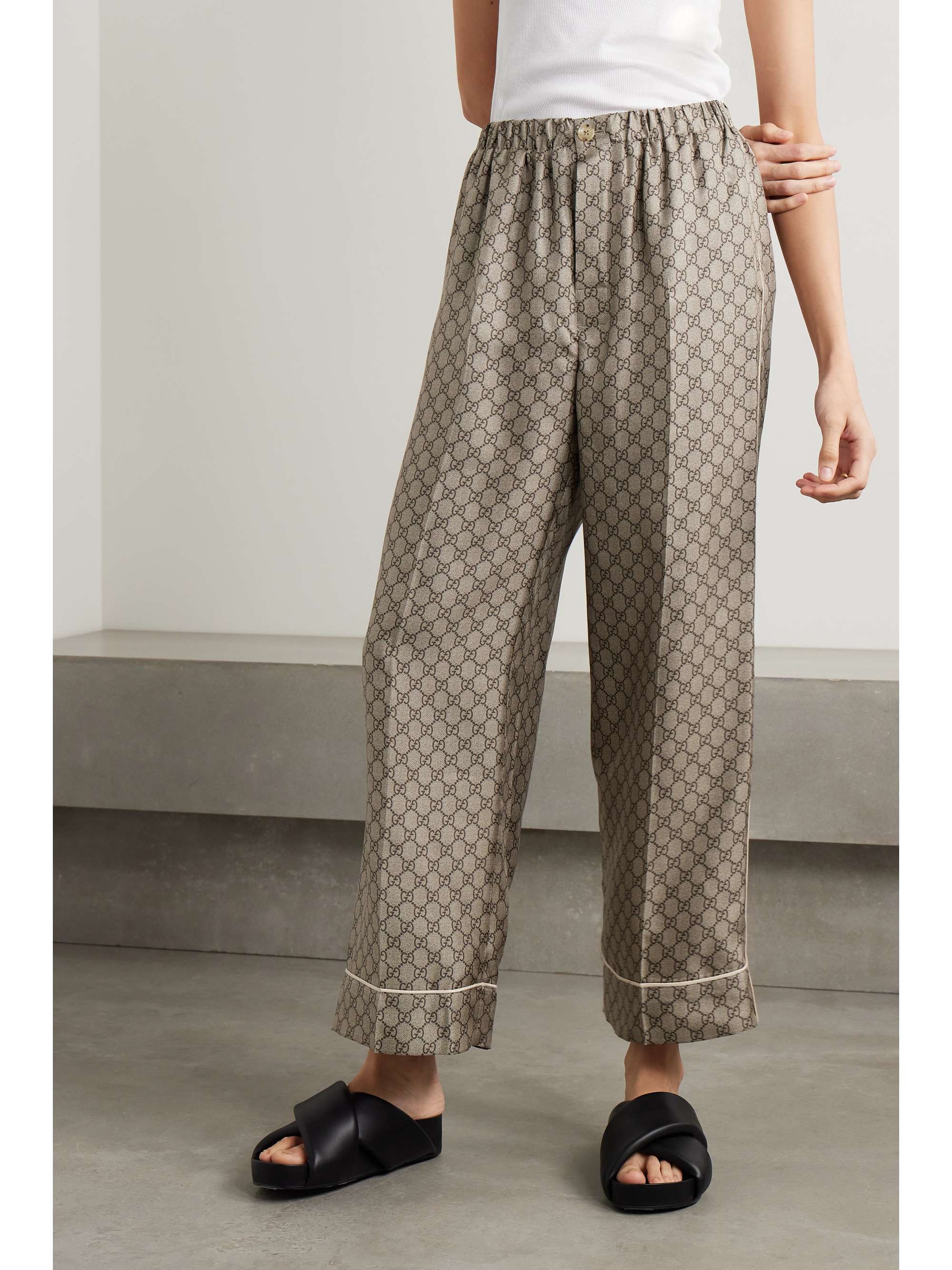 Cropped silk-satin jacquard wide-leg pants view