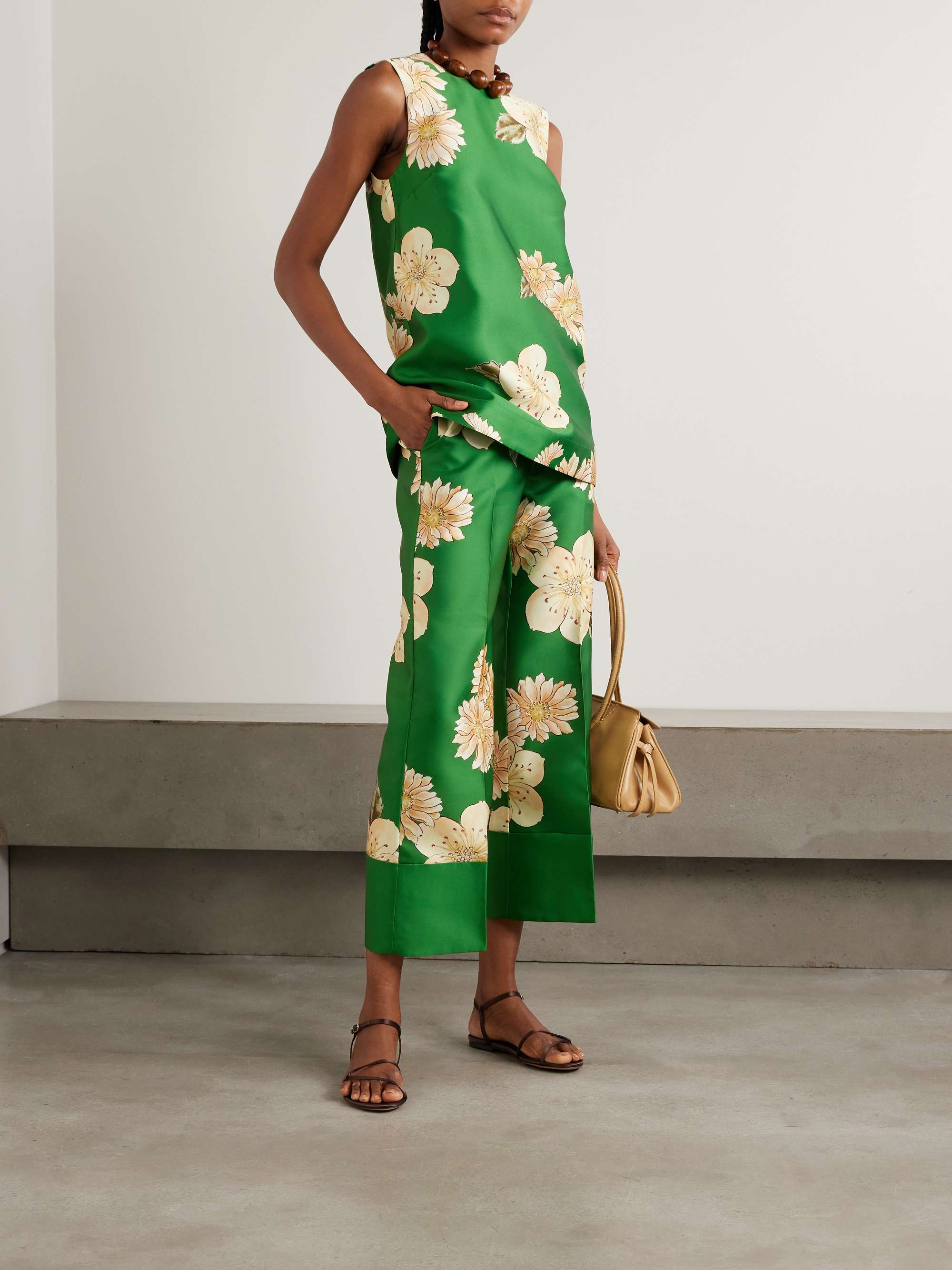 Sage printed recycled satin-twill wide-leg pants view