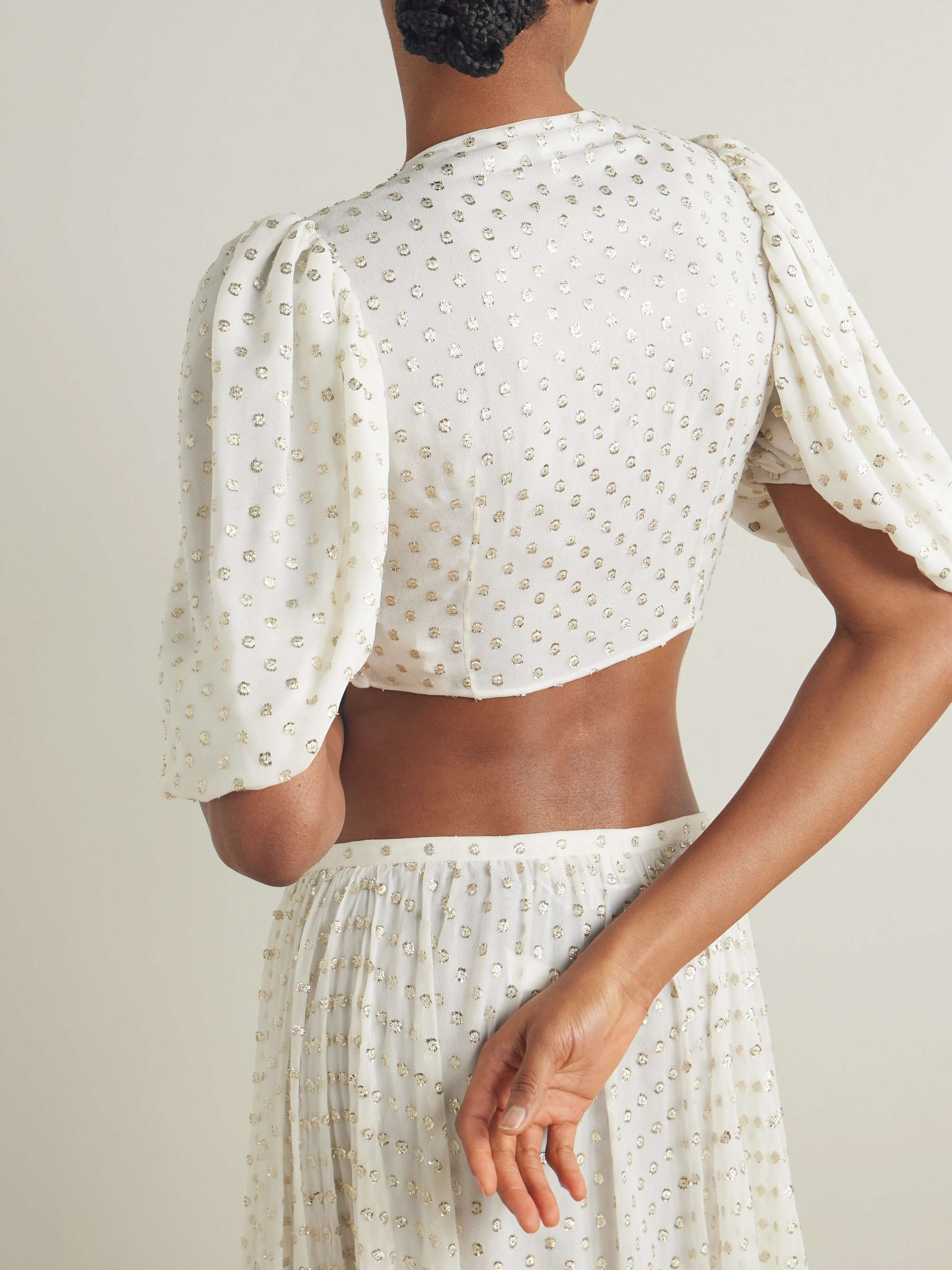 Cropped ruffled gathered metallic polka-dot silk-blend top view