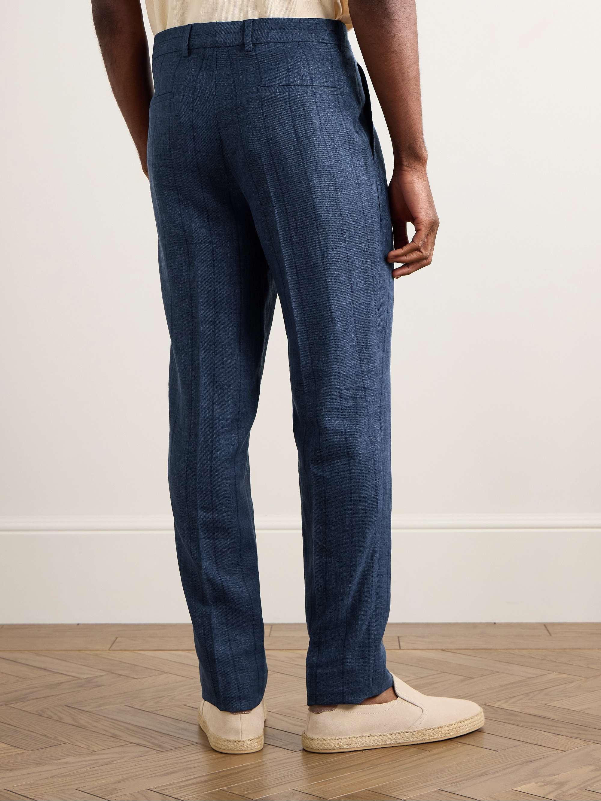 Slim-Fit Pleated Striped Wool, Linen and Silk-Blend Suit Trousers view