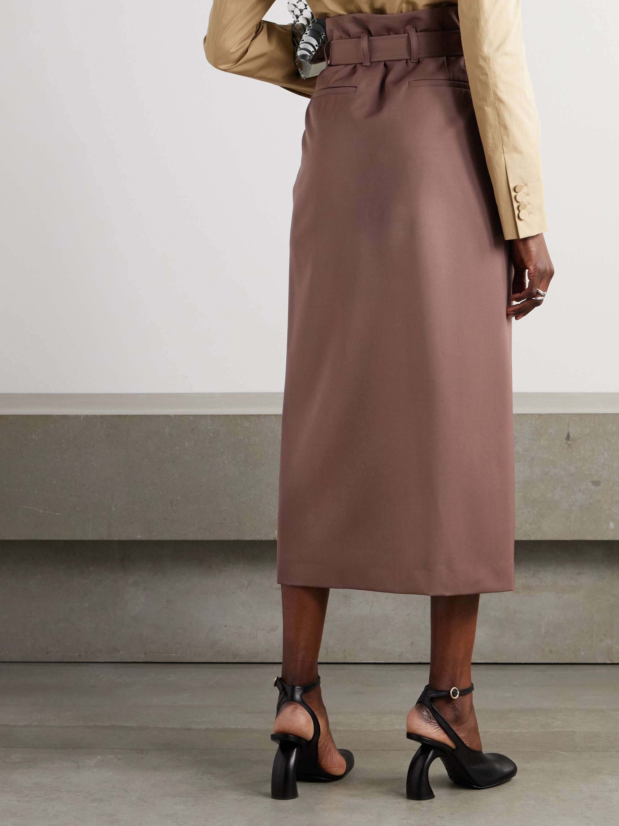 Belted pleated wool-twill midi skirt view