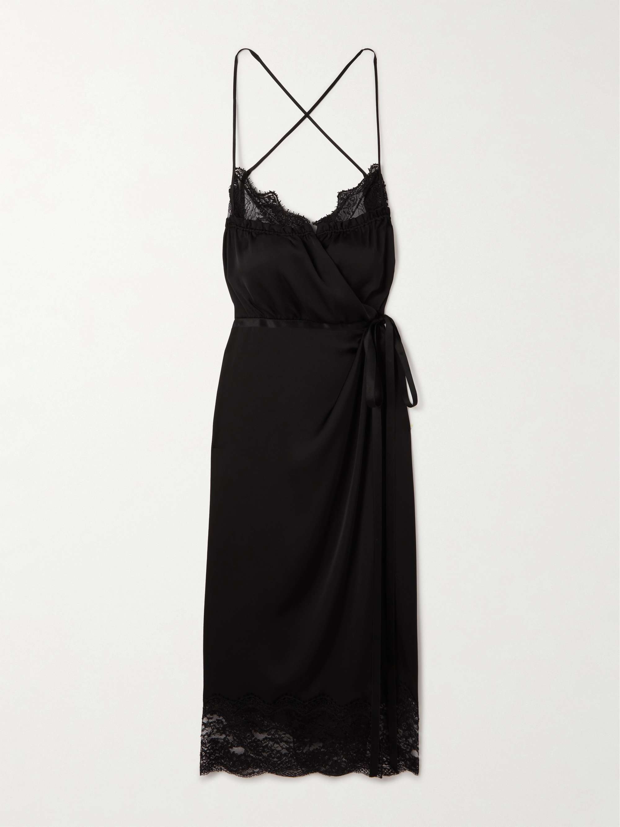 Wrap-effect belted lace-trimmed silk-satin midi dress view