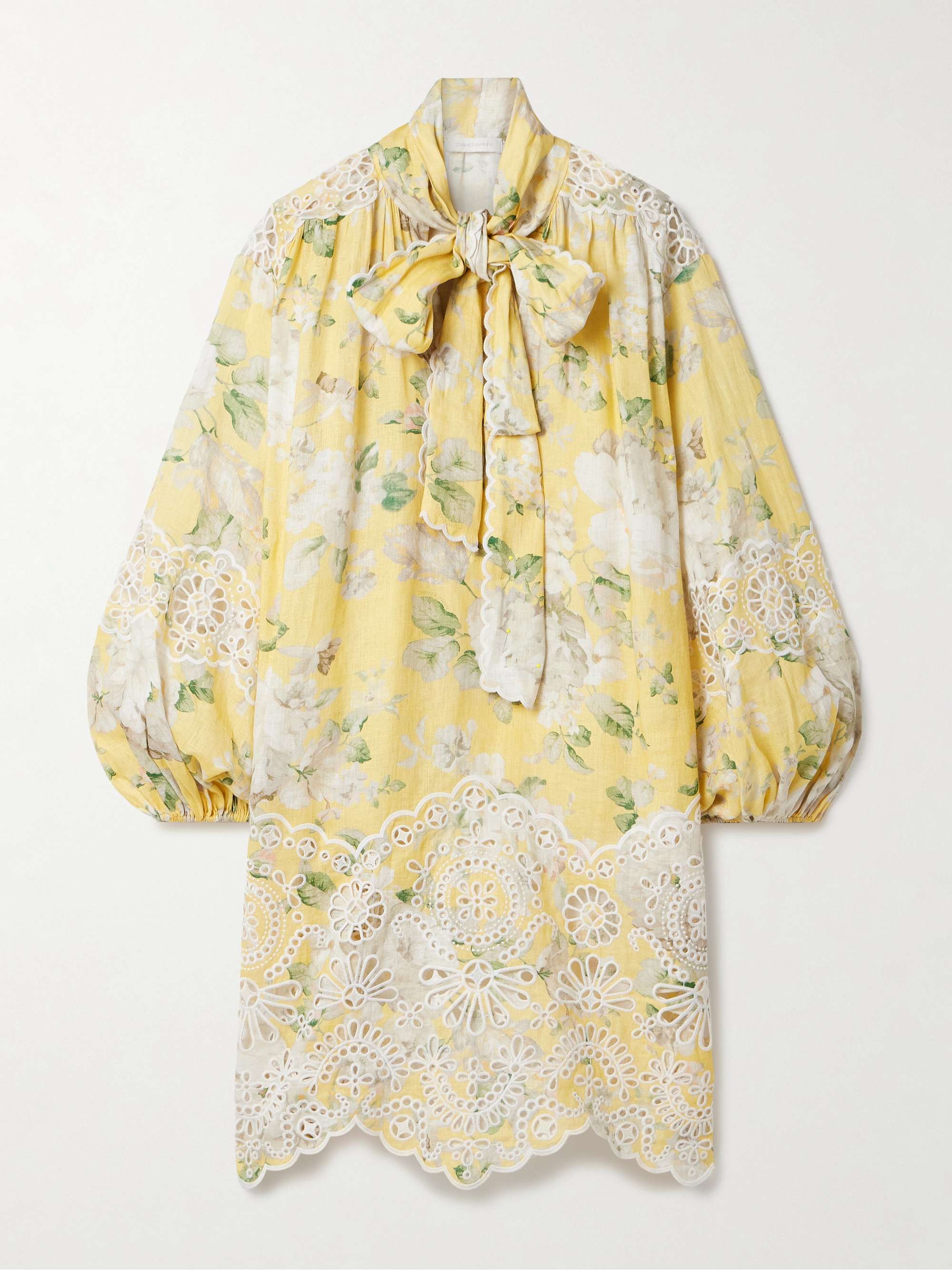 Acacia tie-neck broderie anglaise-trimmed floral-print linen mini dress view
