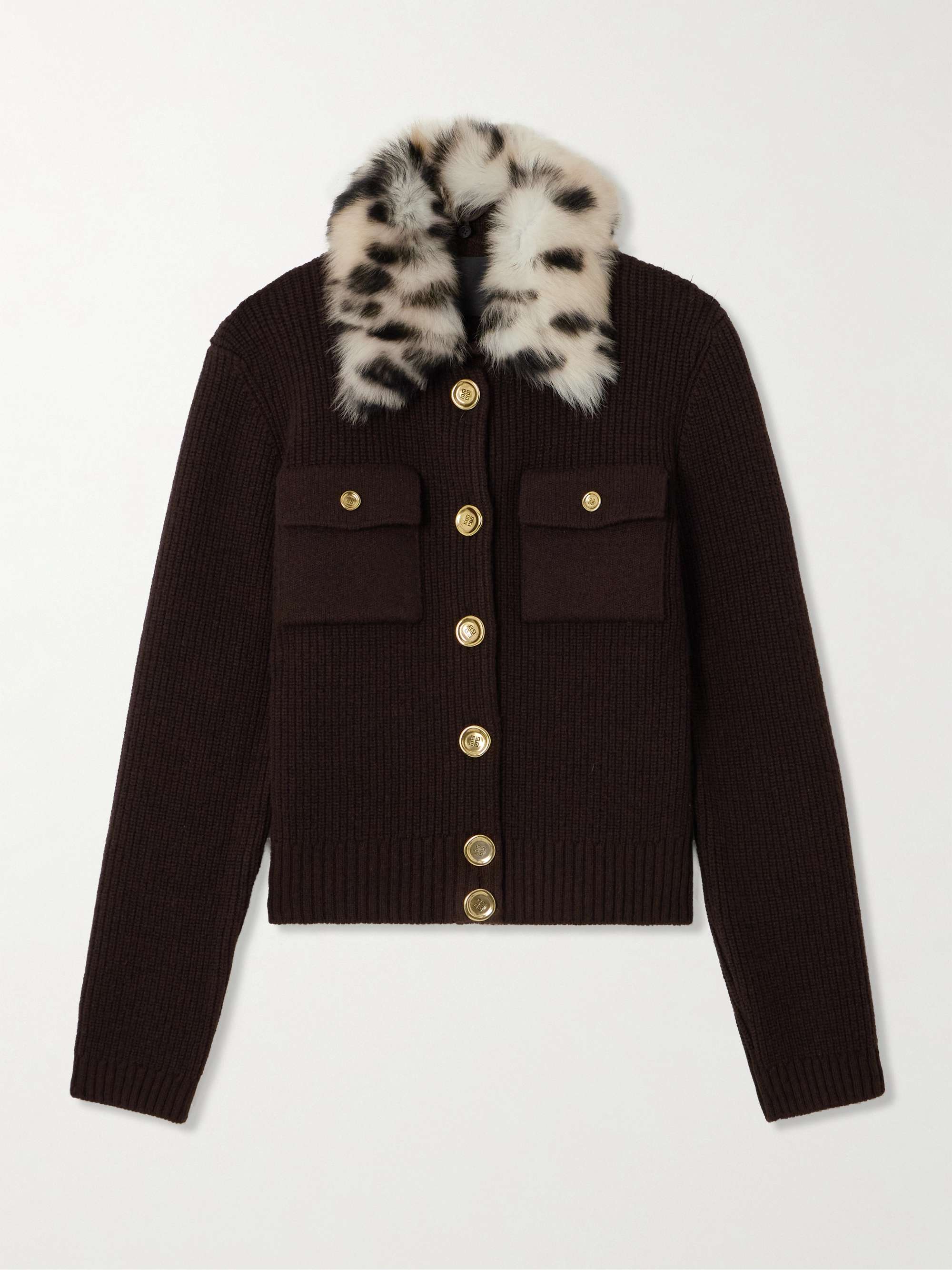 Cheetah-print shearling-trimmed ribbed wool-blend cardigan view
