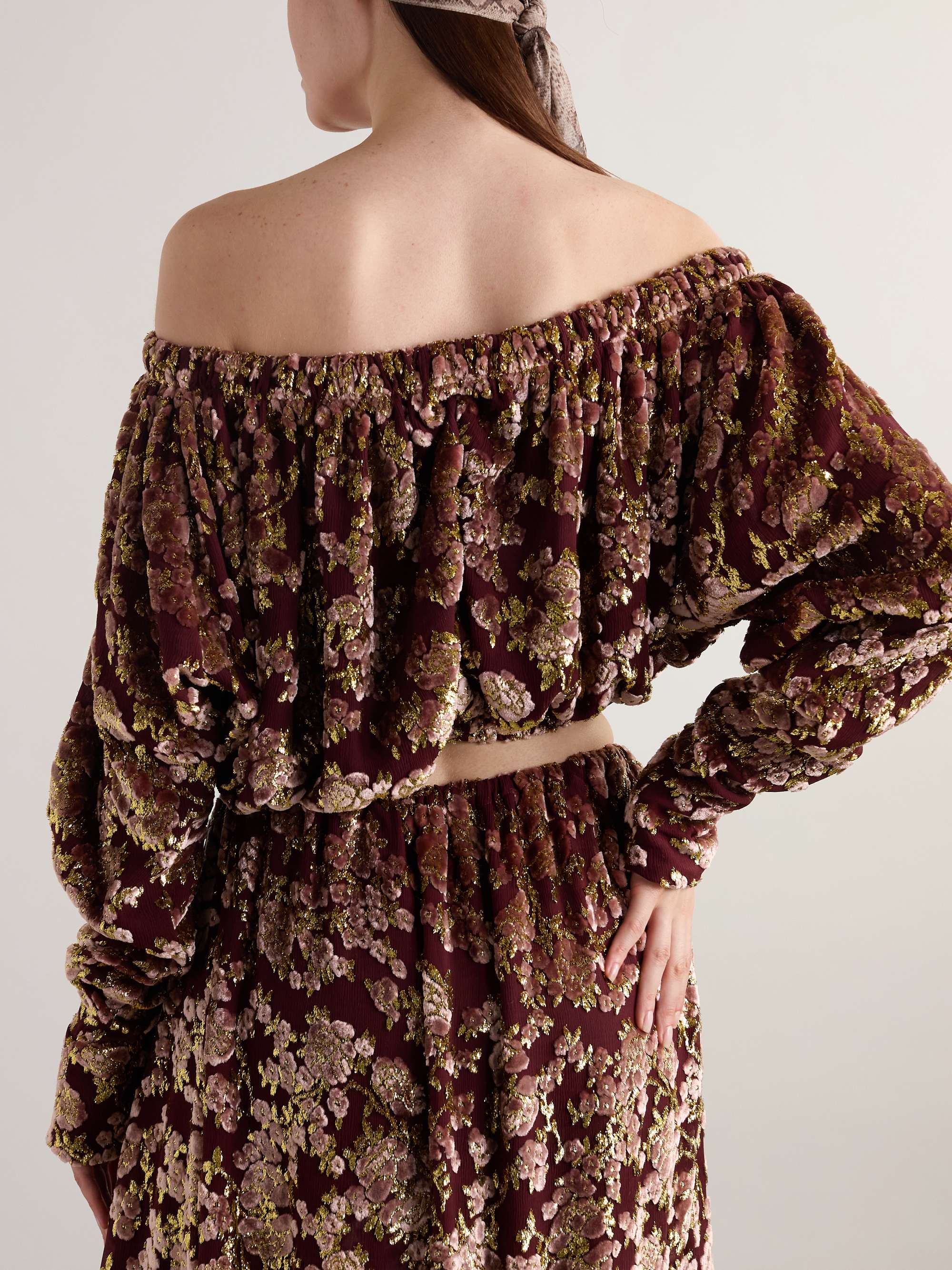 Off-the-shoulder ruched metallic devoré-velvet top view