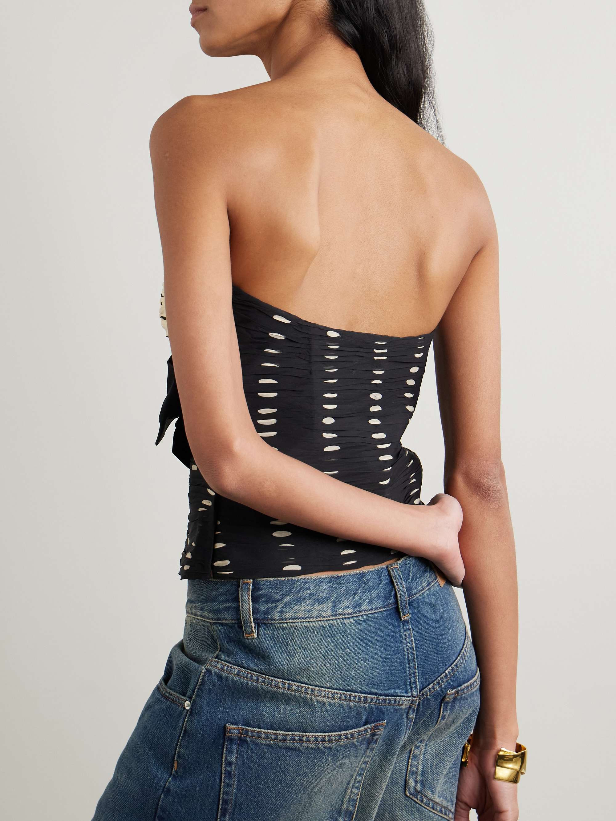Satin bow-detailed ruched silk-chiffon strapless top view