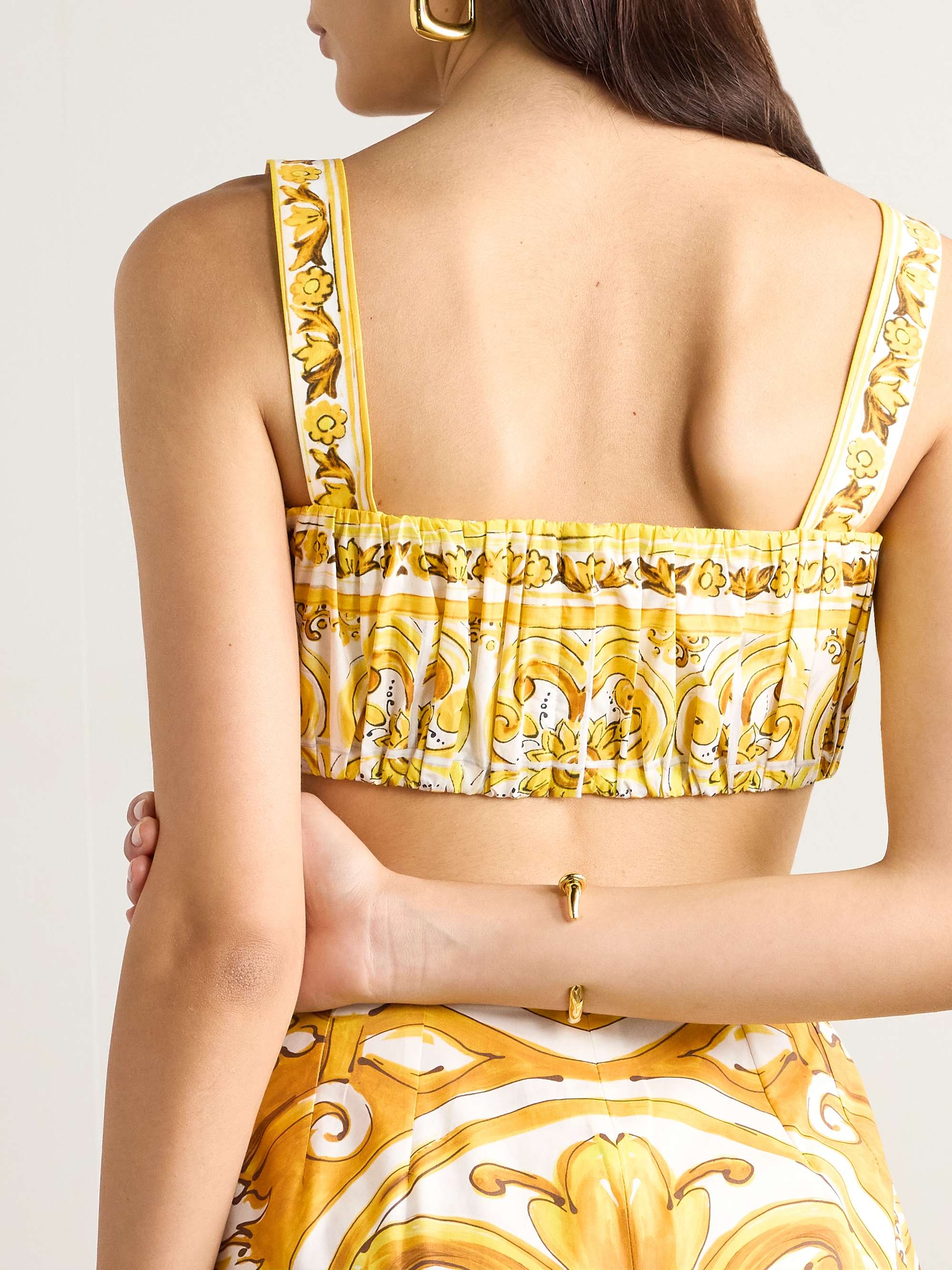 Maiolica cropped gathered printed cotton-poplin top view