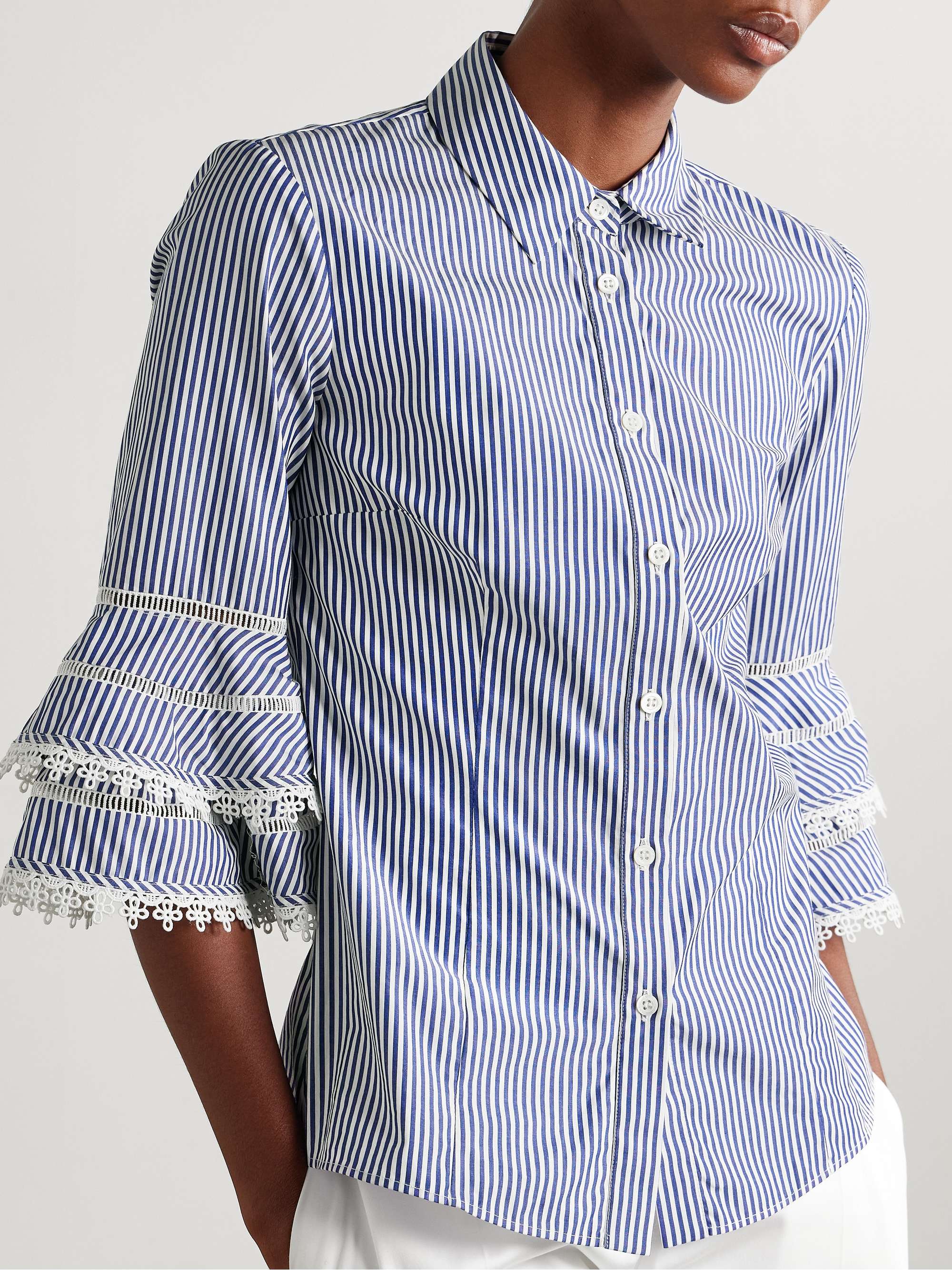 Ruffled guipure lace-trimmed striped cotton-poplin shirt view