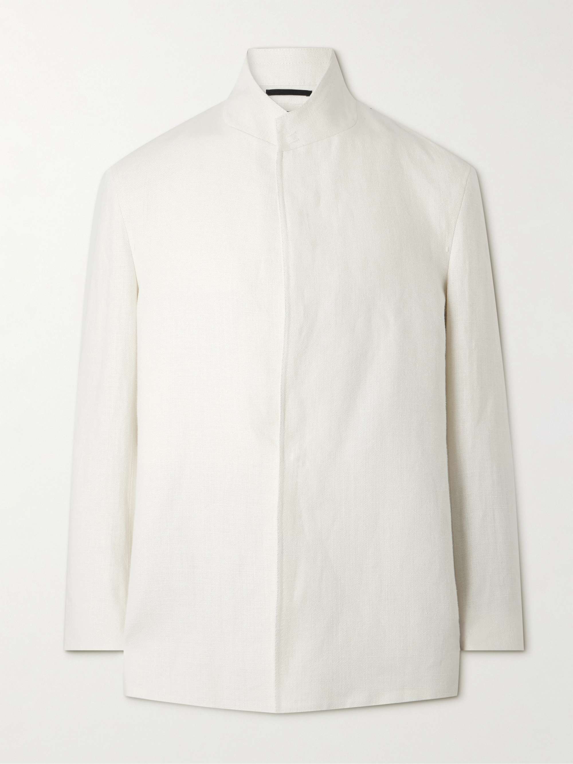 Mandarin-Collar Unstructrured Linen Blazer view