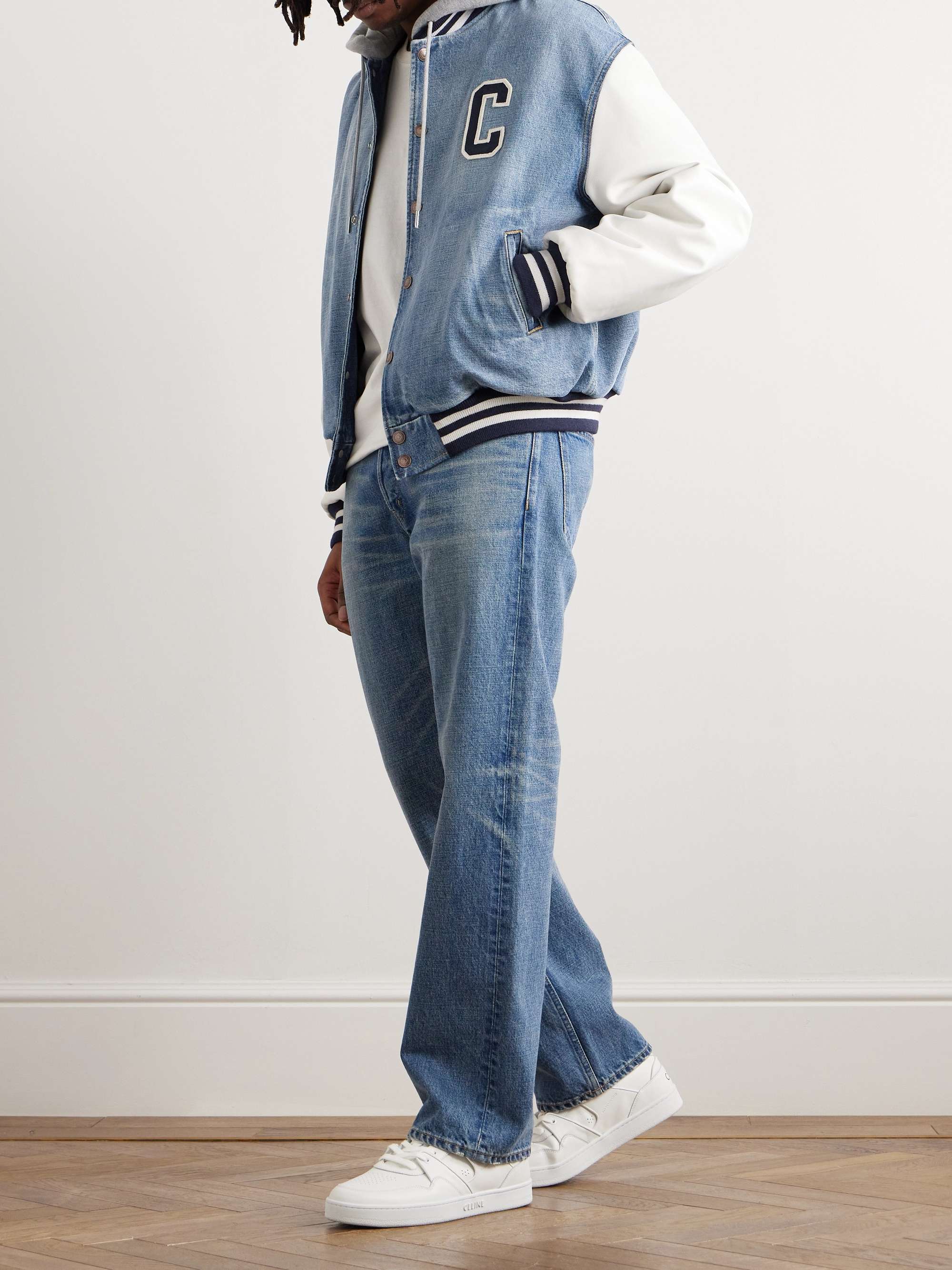 Teddy Logo-Appliquéd Denim, Leather and Jersey Hooded Varsity Jacket view