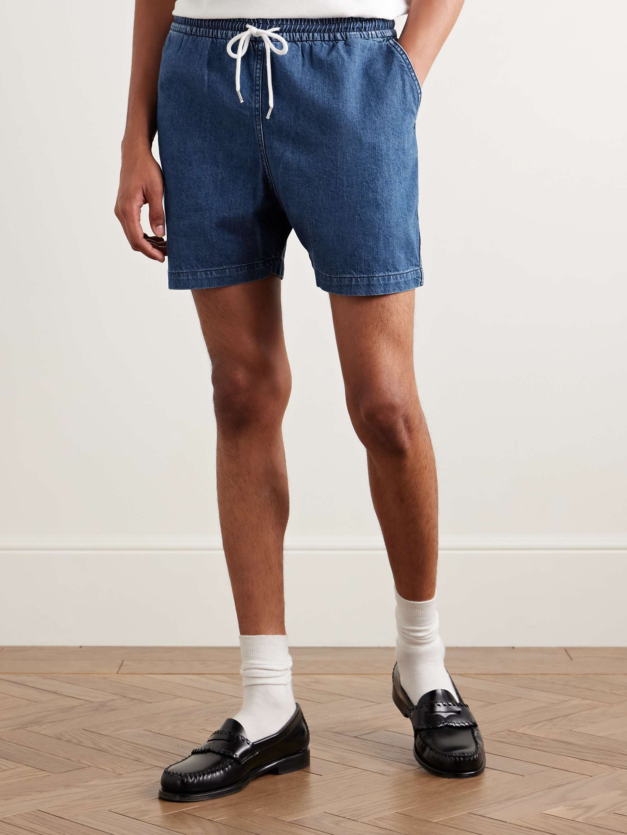 Slim-Fit Straight-Leg Stone-Washed Denim Drawstring Shorts view