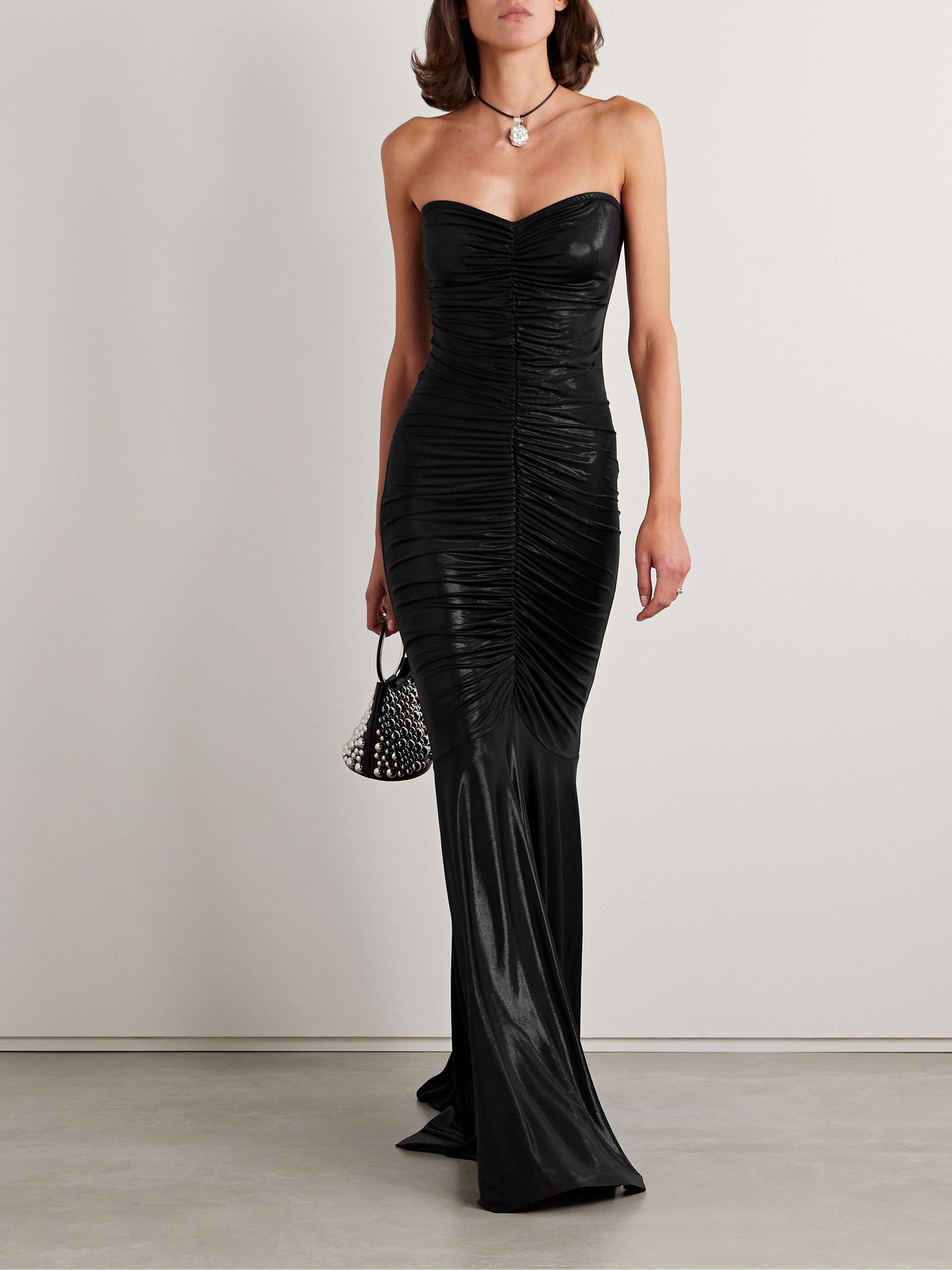 Strapless metallic ruched stretch-jersey gown view