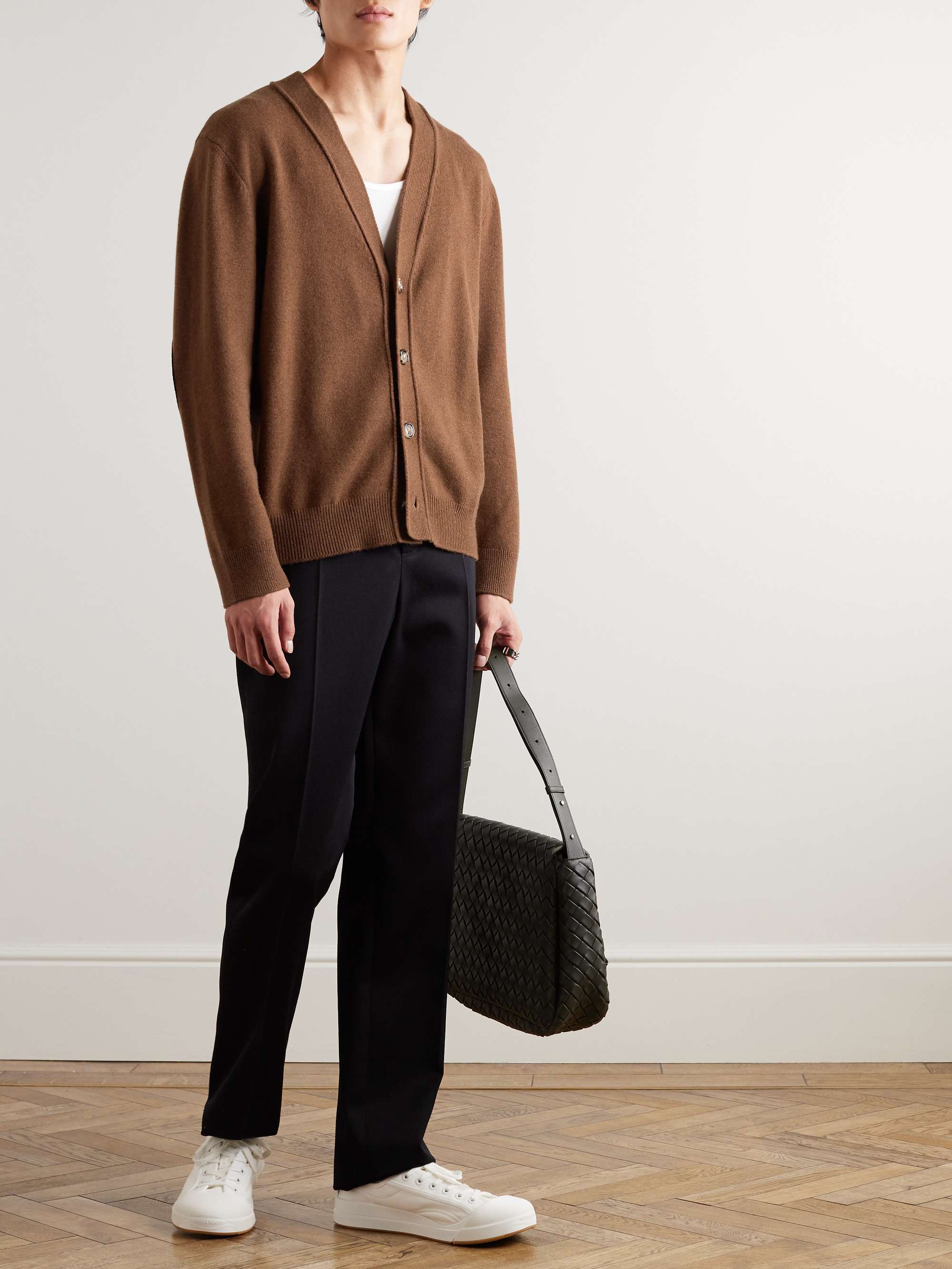 Intrecciato Leather-Trimmed Cashmere-Blend Cardigan view