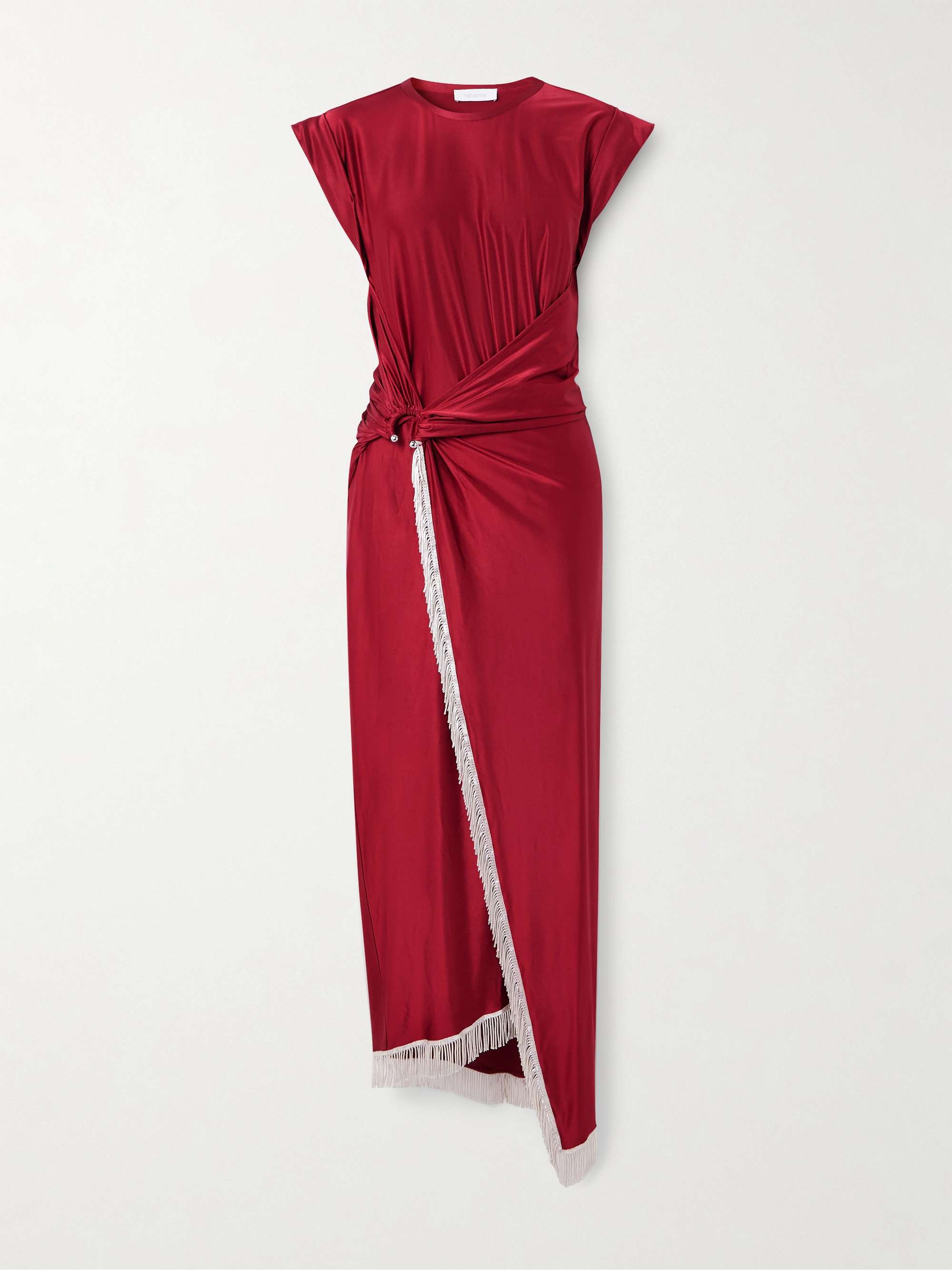 Asymmetric fringed draped satin-jersey dress view
